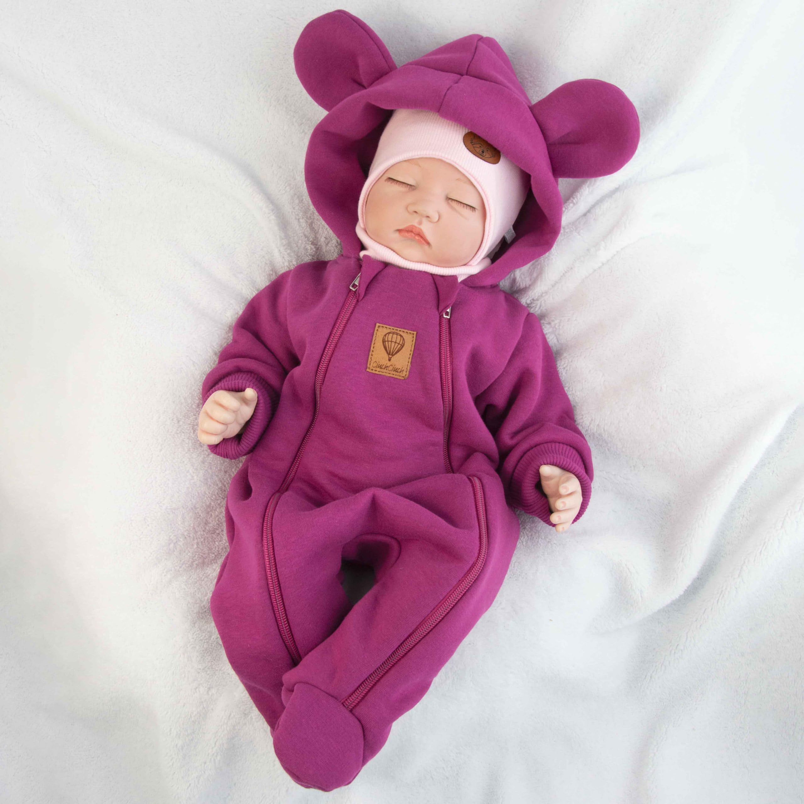Baby Übergangs-Strampler – 80% Baumwolle Sweatstoff Overall mit Kapuze & Ohren – Fußteil & Zwei Reißverschlüsse – Für Mädchen & Jungen – Kuscheliger Frühling/Herbst-Overall