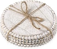 Vista 1 de Honeydak 4 posavasos con cuentas de madera de 3.9 pulgadas, redondos, rústicos, de madera, para bebidas, decoración de mesa, barra de madera