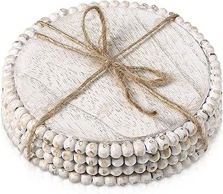 Honeydak 4 Pieces Wood Beaded Coasters 3.9 Inch Round Rustic Farmhouse Wooden Coasters for Drinks Decorative Table Top Wood Bar for Housewarming Home Kitchen(Beige)