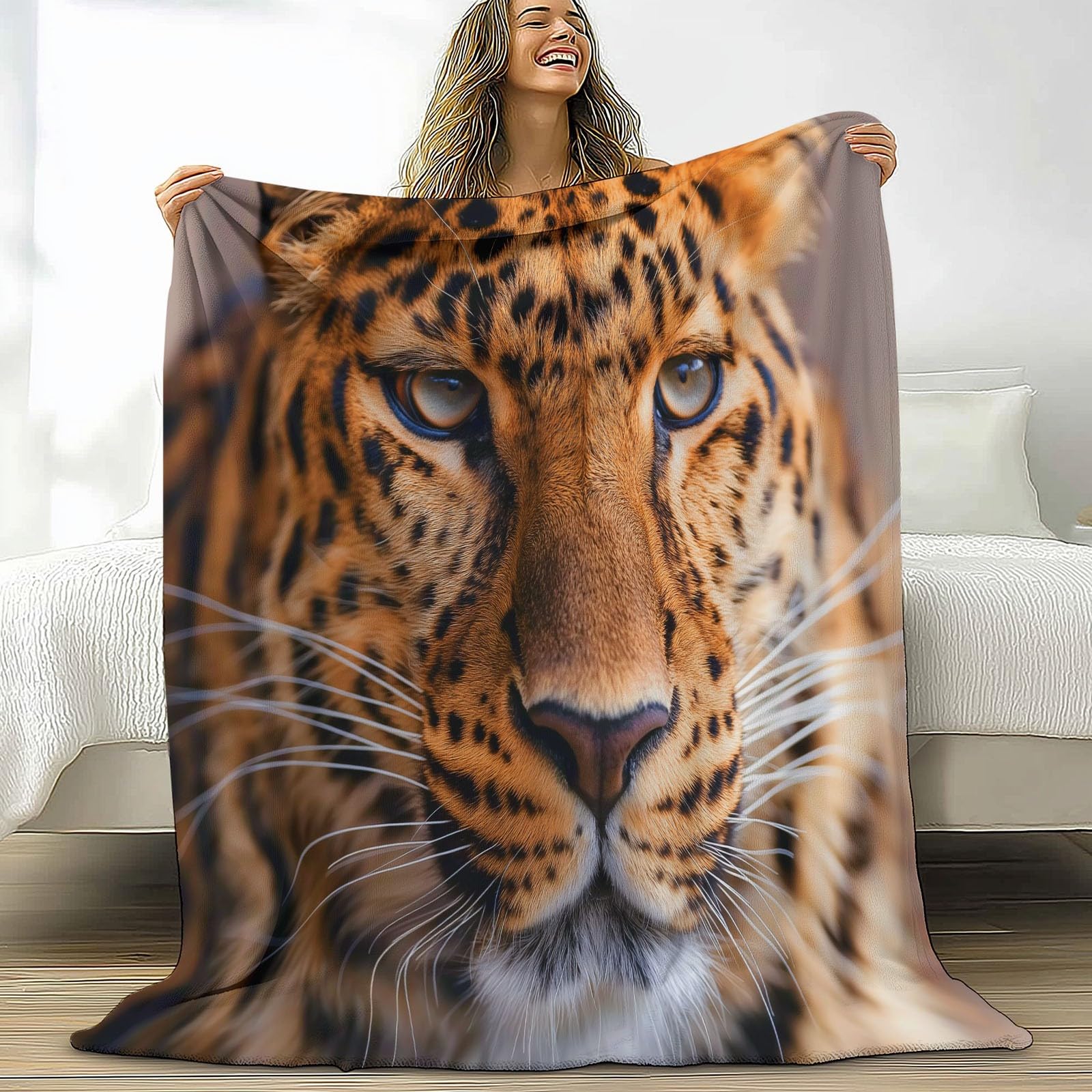 Sztuka fotografia zwierzęta lamparty narzuta koc dla dzieci, portret zwierzęcia, miękki, przytulny, puszysty koc flanelowy dla dziewcząt, 220 x 240 cm, ciepła pościel polarowa na sofę, kanapę, prezent