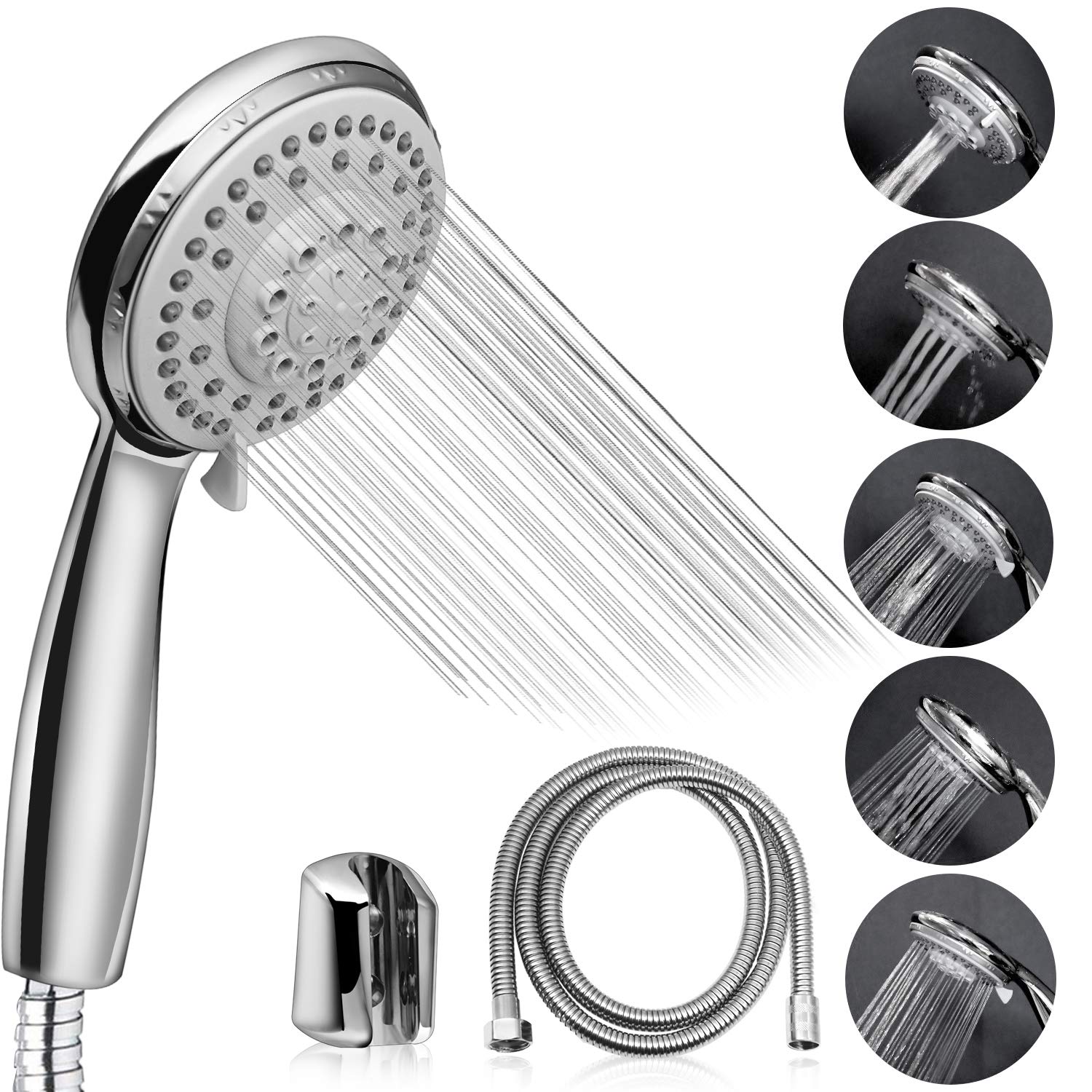 Shower Head - High Pressure Rain - 5 Setting- Easy Tool Free Installation - Meet Universal International Standard G1/2-The Perfect Adjustable Replacement For Your Bathroom Shower Heads