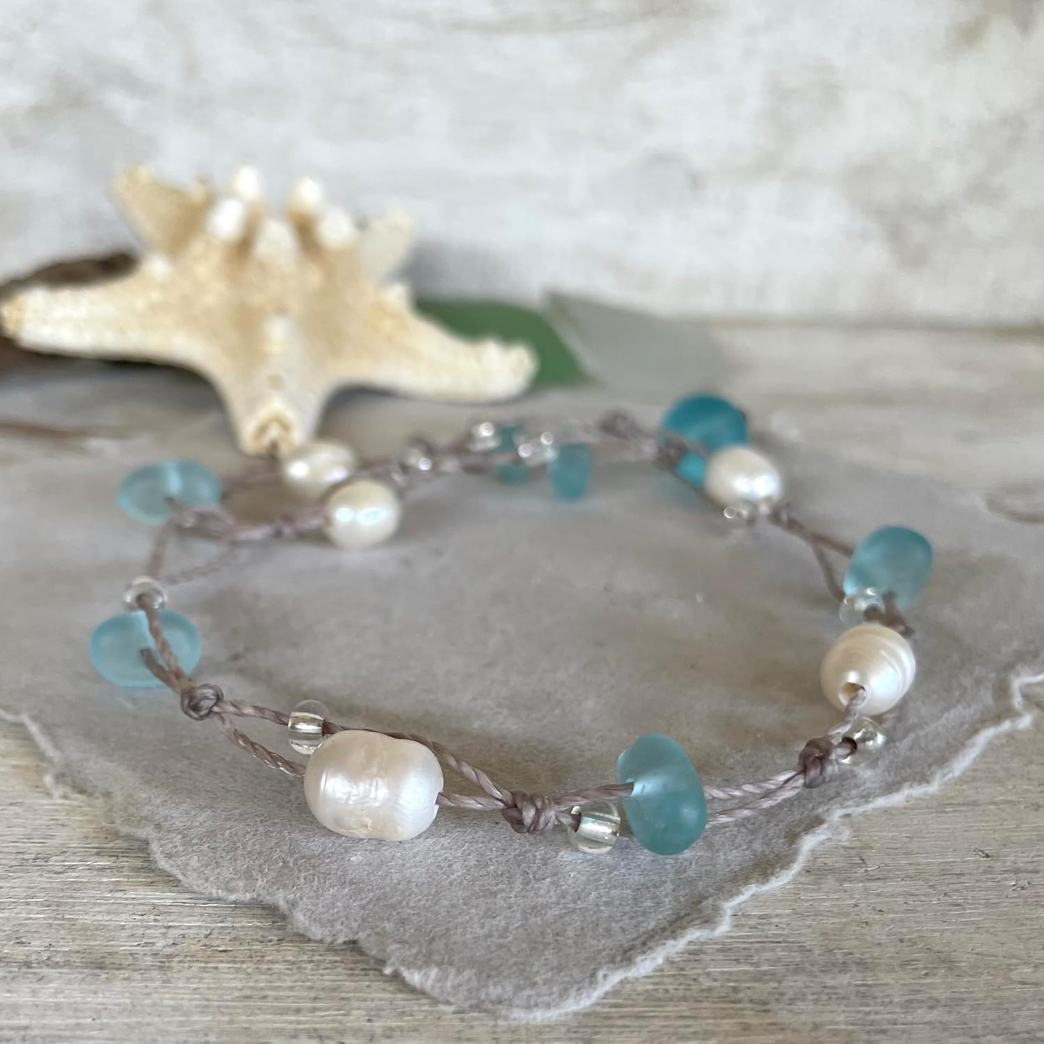 Beach Soul Sea Glass Bracelet or Ankle Wrap with Aqua Blue Glass and Freshwater Pearls, 11" Wrap, Beachy Boho Jewelry for Women, Handmade