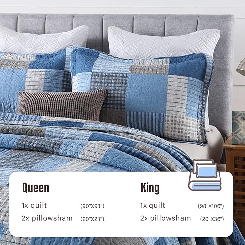 Miniatura 10 de Y-PLWOMEN Juego de edredón tamaño King, edredón 100% algodón, edredón de retazos verdes y blancos con retazos a cuadros, tamaño King, cubrecamas