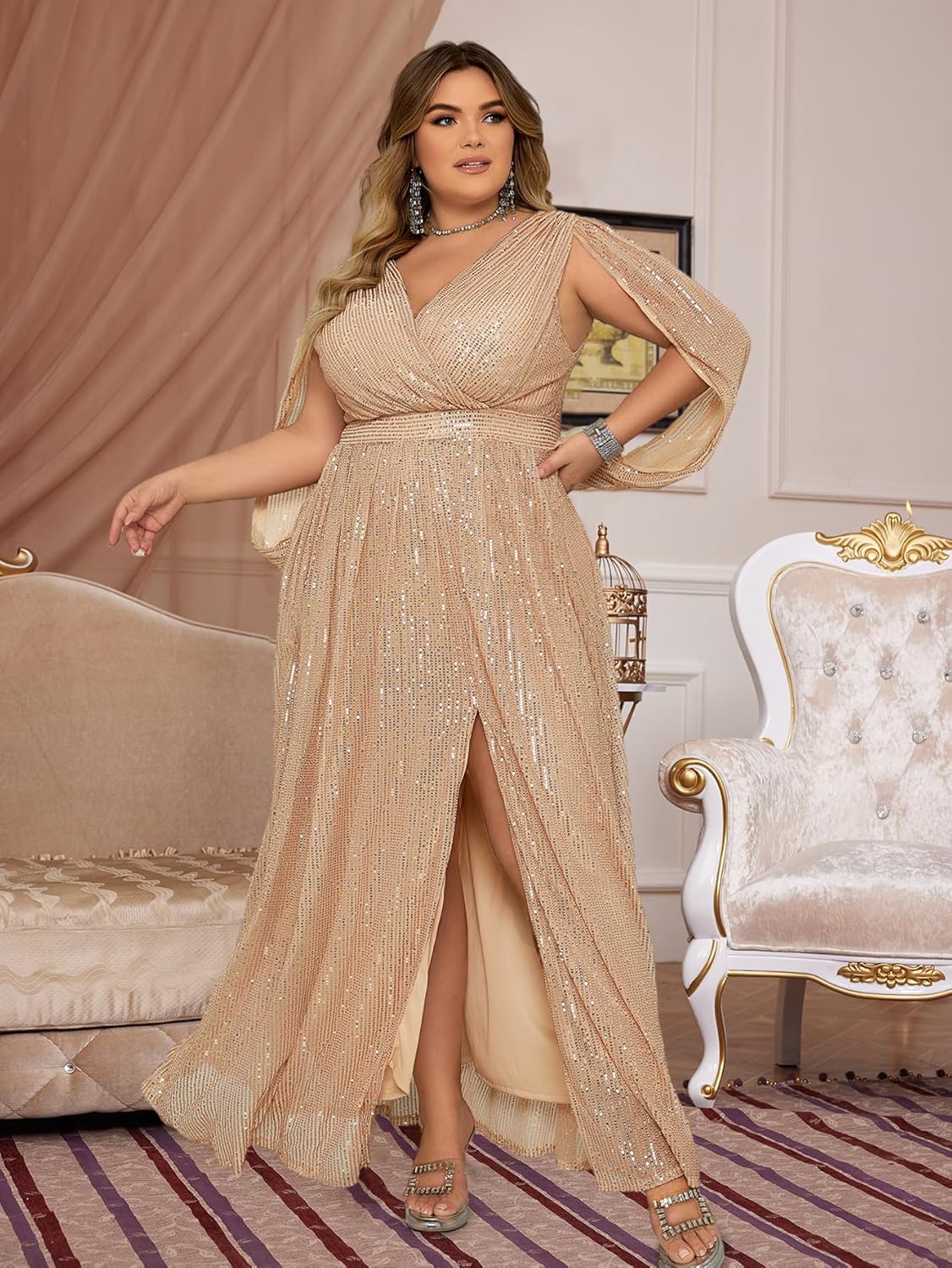 Madam Uniq Women Plus Size Sequin Dress Ribbon Sleeve V Neck Maxi Cocktail 1920s Evening Gown Wedding Guest Dresses - Image 3