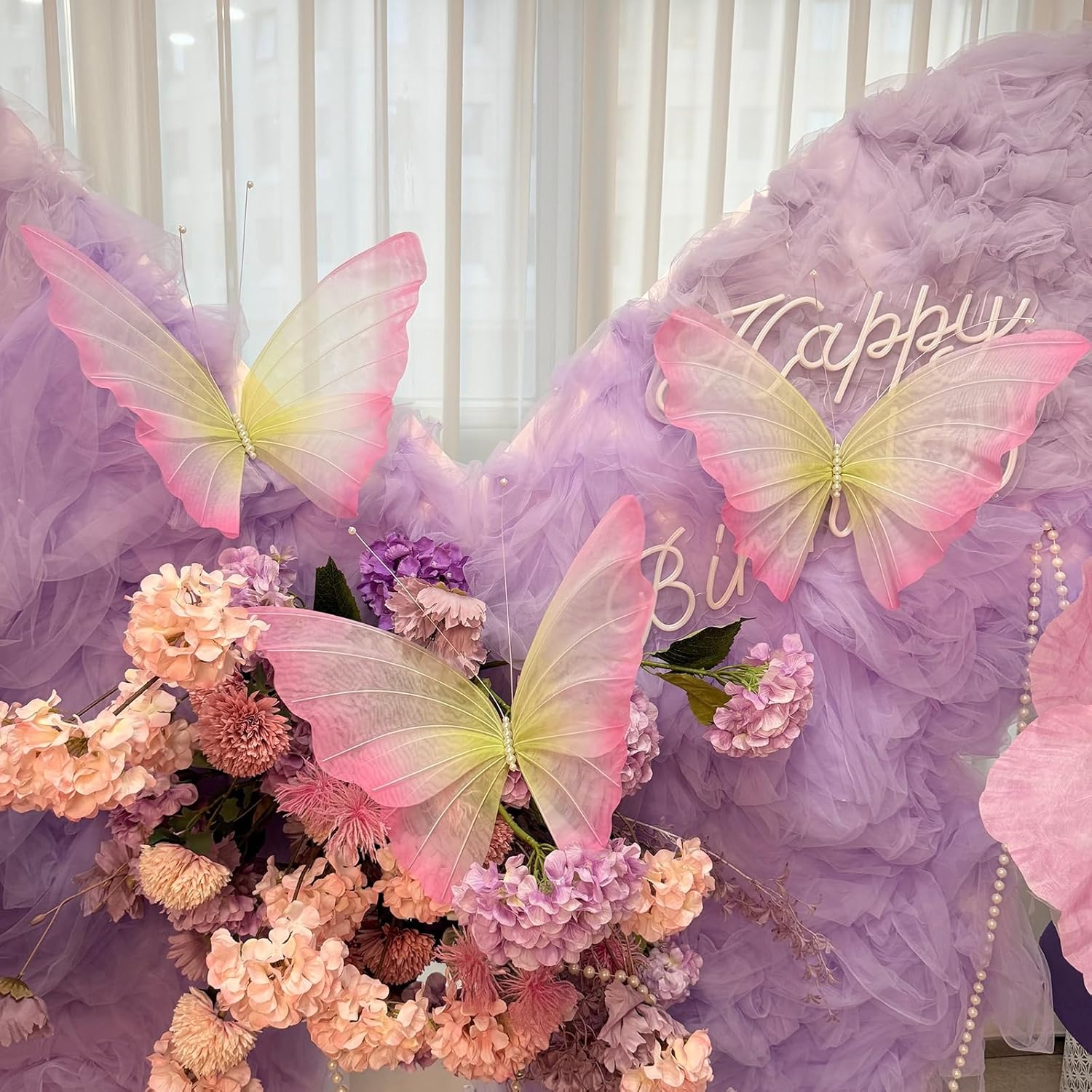 3Pcs Silk Butterfly Decorations,19.6" Large Butterfly Wall Decor,Mariposas Grandes para Decoration for Wedding Birthday Party Decor Ideal for Home and Event Decorations(Green Pink)
