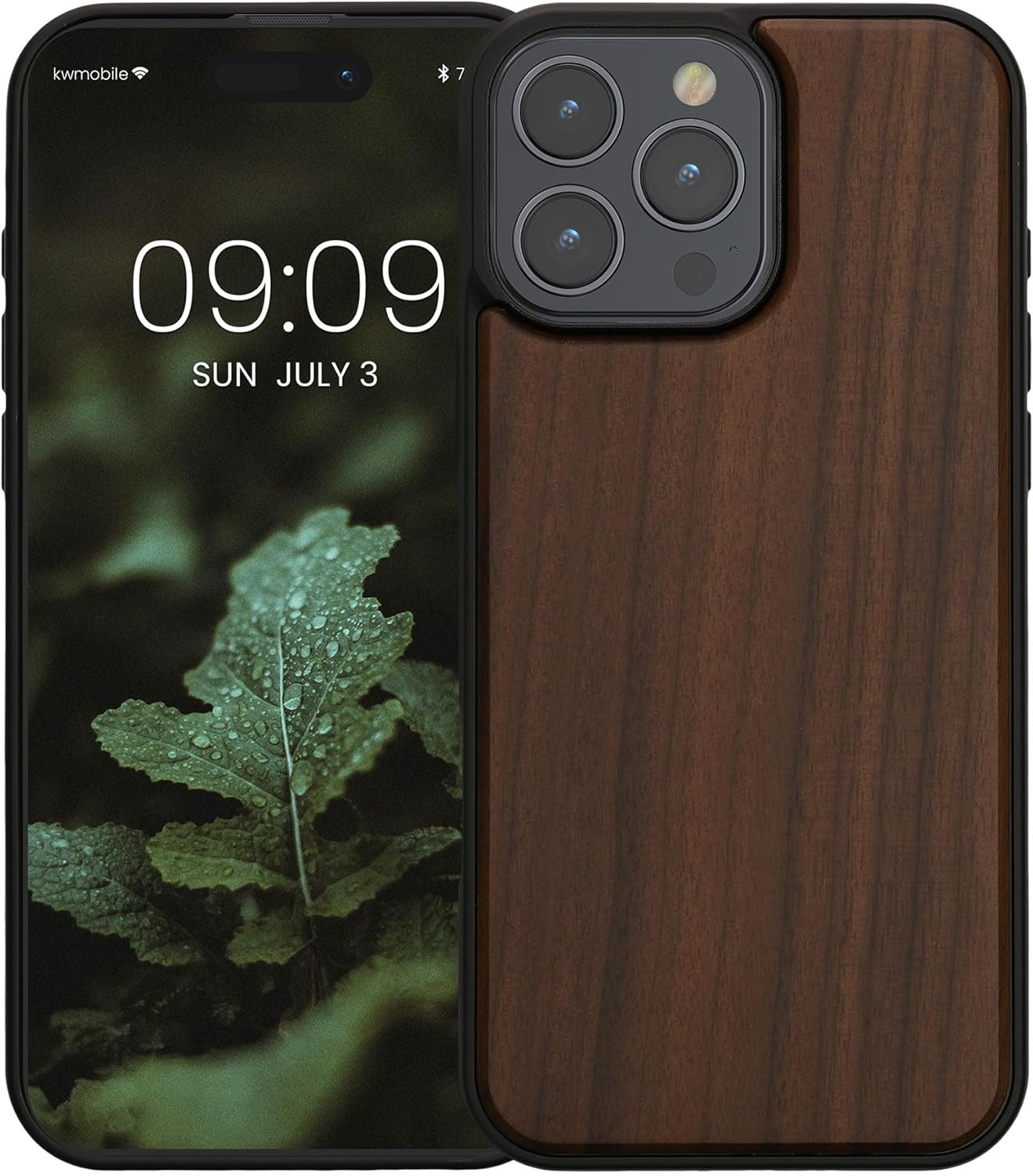 kwmobile Real Wood Case Compatible with Apple iPhone 16 Pro Max Case - Hard Wooden Cover w/TPU Bumper - Dark Brown - Image 4