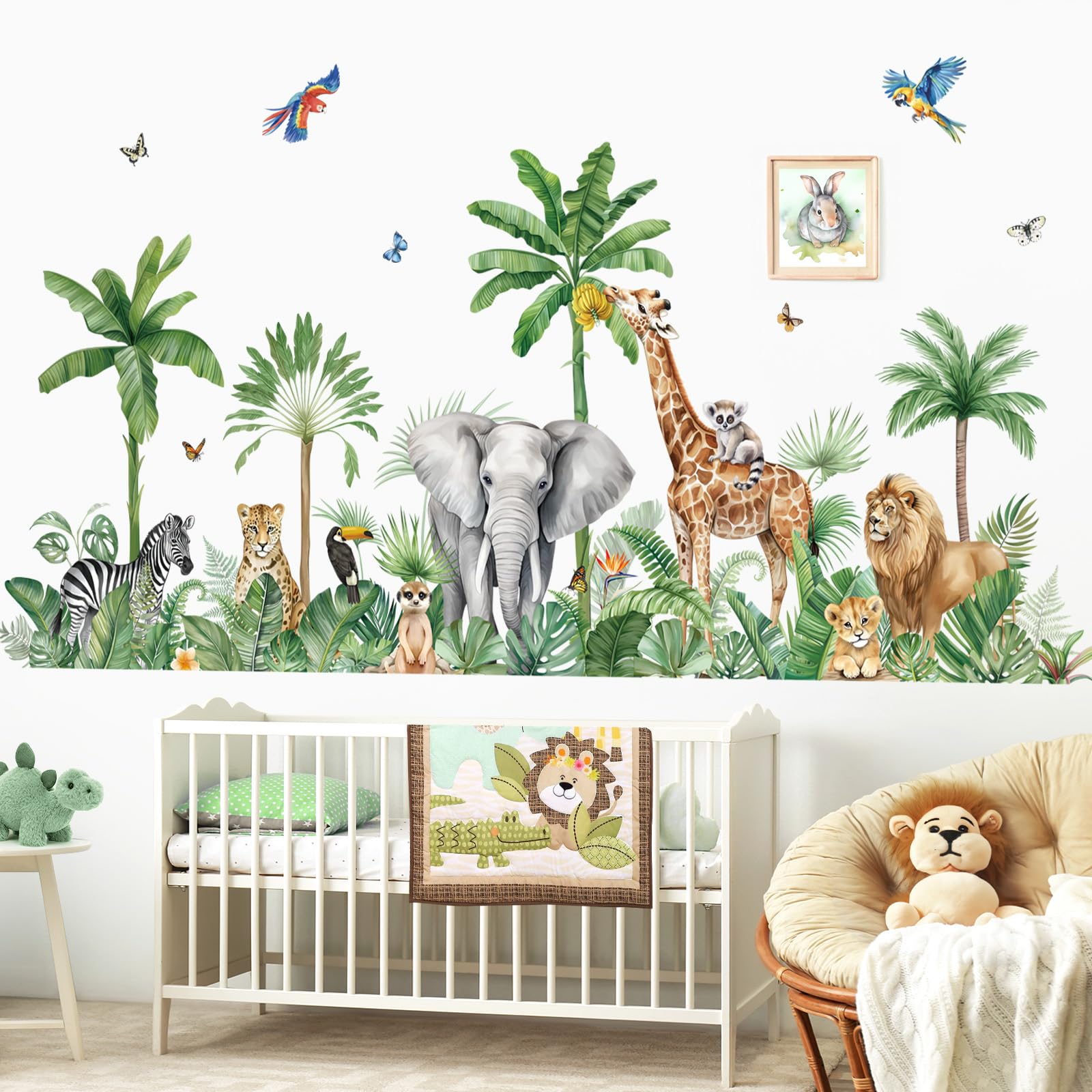 decalmile Stickers Muraux Enfant XXL Animaux de la Jungle Arbre Autocollant Mural Safari Girafe Éléphant Léopard Feuilles Tropicales Décoration Murale Bébé Pépinière Chambre Enfants