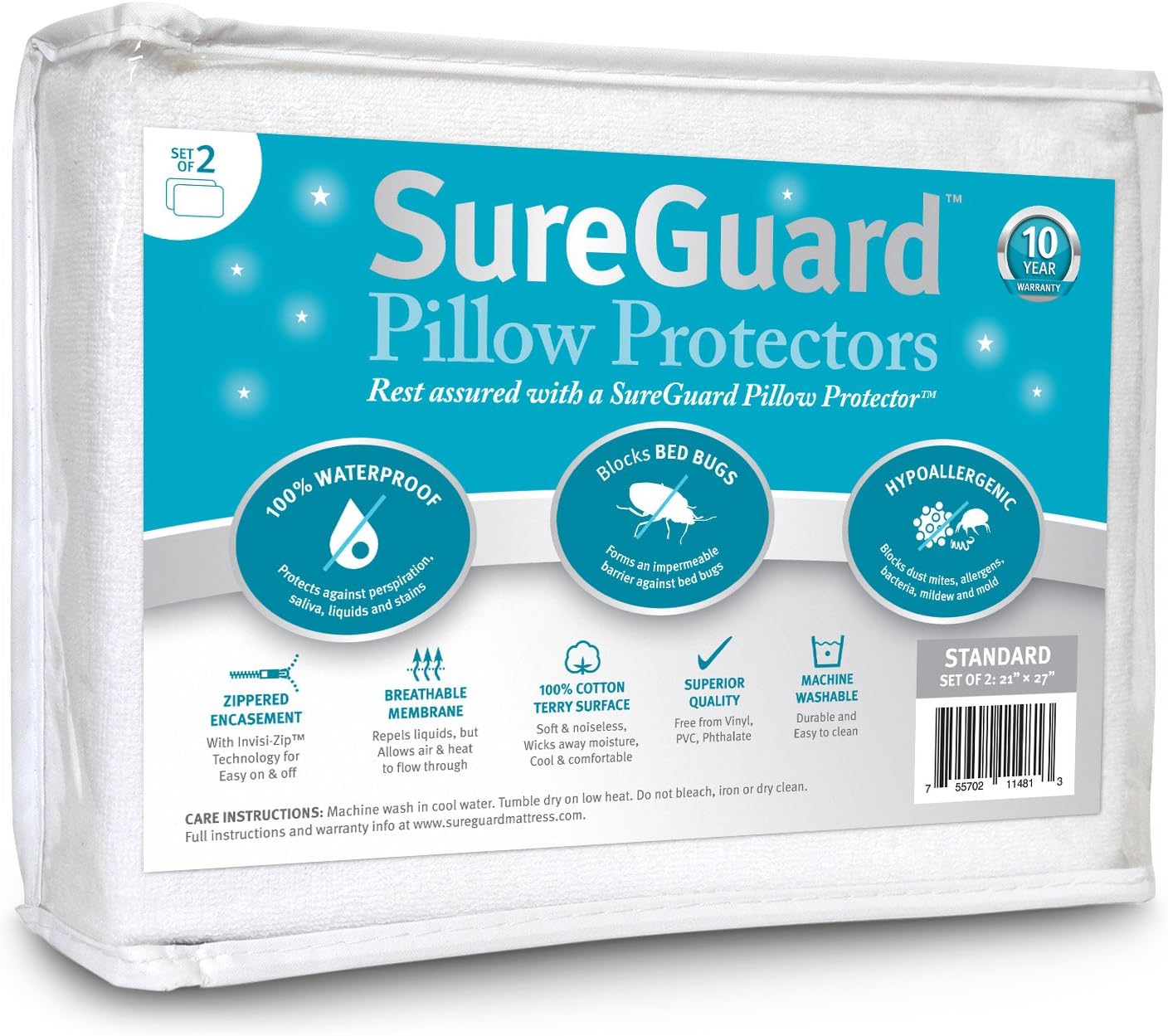 SureGuard Mattress Protectors Set of 2 Standard Size Pillow - 100% Waterproof, Bed Bug Proof, Hypoallergenic - Premium Zippered Cotton Terry Covers
