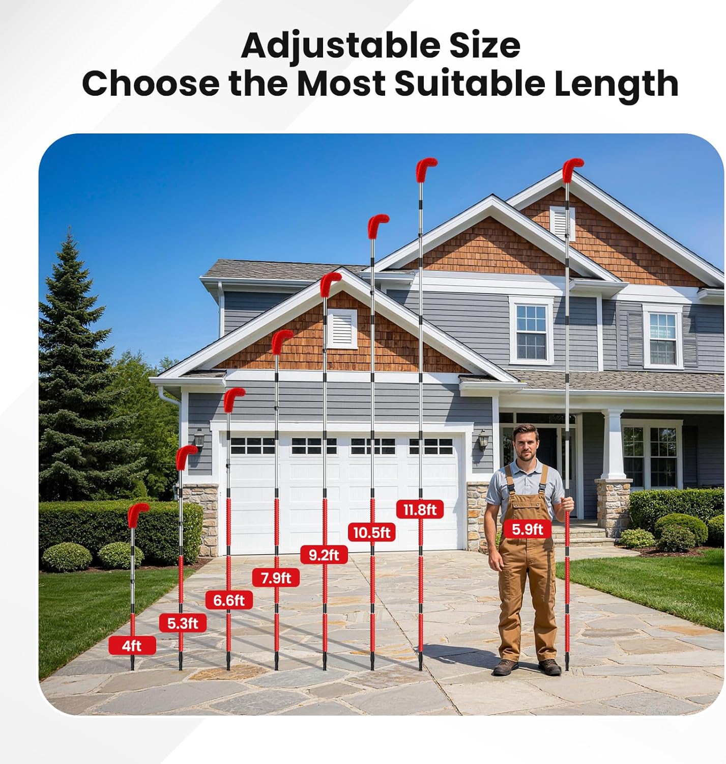 12 FT Gutter Cleaning Tools for Outdoor - Gutter Cleaner Pole with Brush & Shovel for Roof Rain Gutters, Cleans Leaves, Branches & Debris - No Ladder Needed (Red)