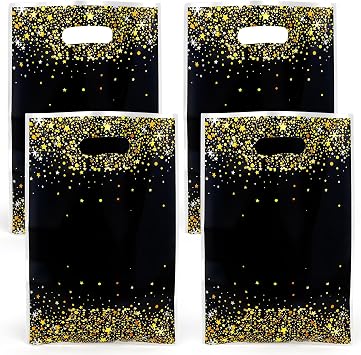 100 PCS Black Gold Party Favor Bags6.7x9.8 Inch with Handle Plastic Birthday Gift Goodie Treat Candy Snack Cookie Bags New Year Christmas Party Favors Supplies Graduation Decorations Baggies