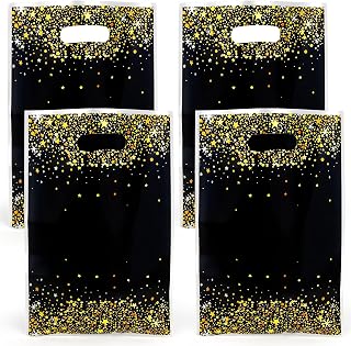 100 PCS Black Gold Party Favor Bags(6.7x9.8 Inch) with Handle Plastic Birthday Gift Goodie Treat Candy Snack Cookie Bags New Year Christmas Party Favors Supplies Graduation Decorations Baggies