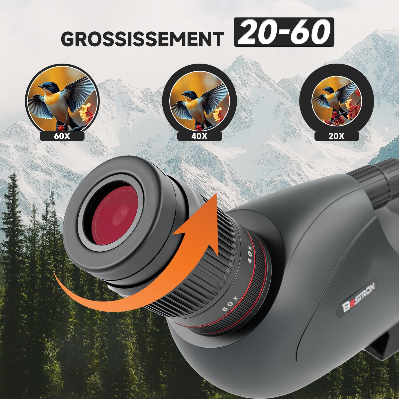 Longue-Vue 20-60x82mm HD - Optique BAK4 FMC, IPX7 Étanche, Trépied + Adaptateur Téléphone - Observation Oiseaux Chasse Astronomie