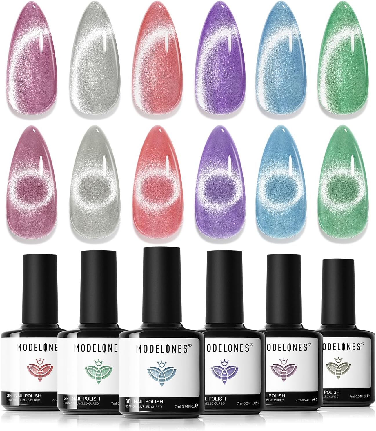 Modelones Cat Eye Gel Nail Polish Set, 6 Colors Magnetic Glitter Kit, Pink Velvet Shimmer Holographic Red Blue Green Purple Silver, Home Salon Nail Art, Summer Manicure Gift For Women Girl