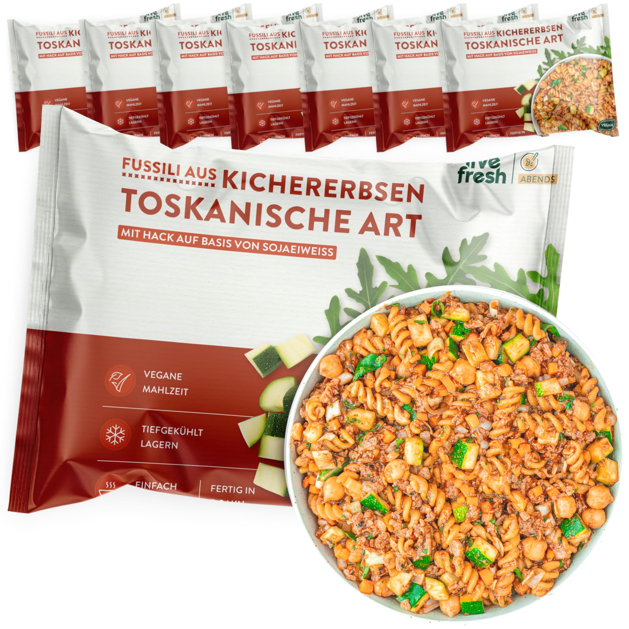 LiveFresh Fusilli Toskana | 7 x 400g vegane Diät Feriggerichte | Low Carb Lebensmittel mit 24g Protein und nur 360 kcal pro Portion | Schnell zubereitet | Schonend schockgefrostet