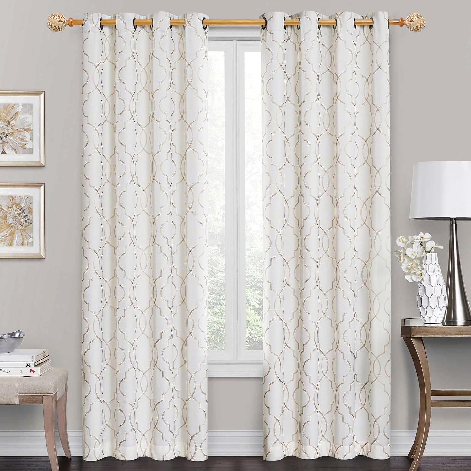 Imitation Wood Grain Curtain Rod for Windows 66 to 120 Inches: 1 Inch Heavy-Duty Adjustable Decorative Curtain Rod With Rustic Leaf Finials for Bedroom & Living Room