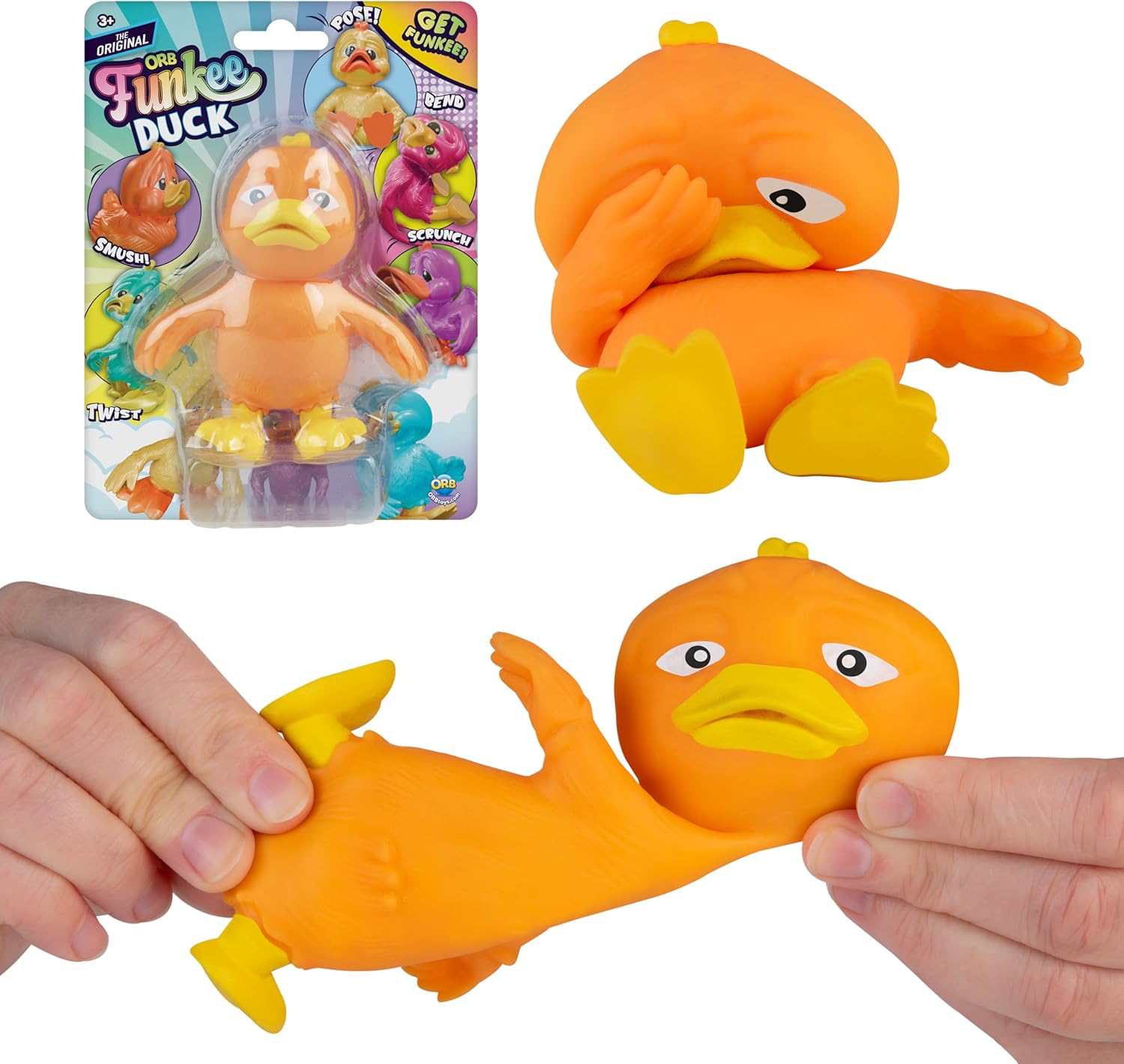 ORB Funkee Animalz Mega Squishy Duck 3 Pack - Adorable, Funny, Stretchy, and Squishy Toy Ducks, Perfect for Stress Relief - Original Collectible Funkee Monkee Animal Fidget Toys for Kids and Adults