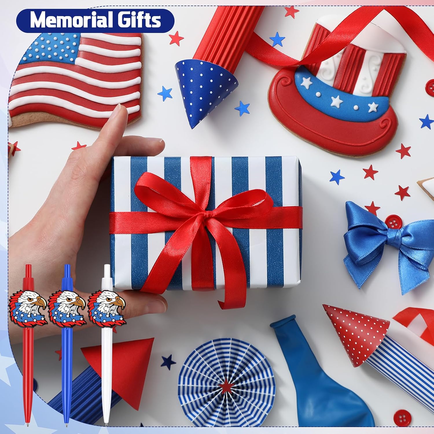 Sayglossy 90 Pcs Memory Day Gift Eagle Pens American Black Ink Ballpoint Retractable Pens with Bald Eagle Charm for Teacher Nurse Coworker 250th Anniversary Independence Day Office Supply