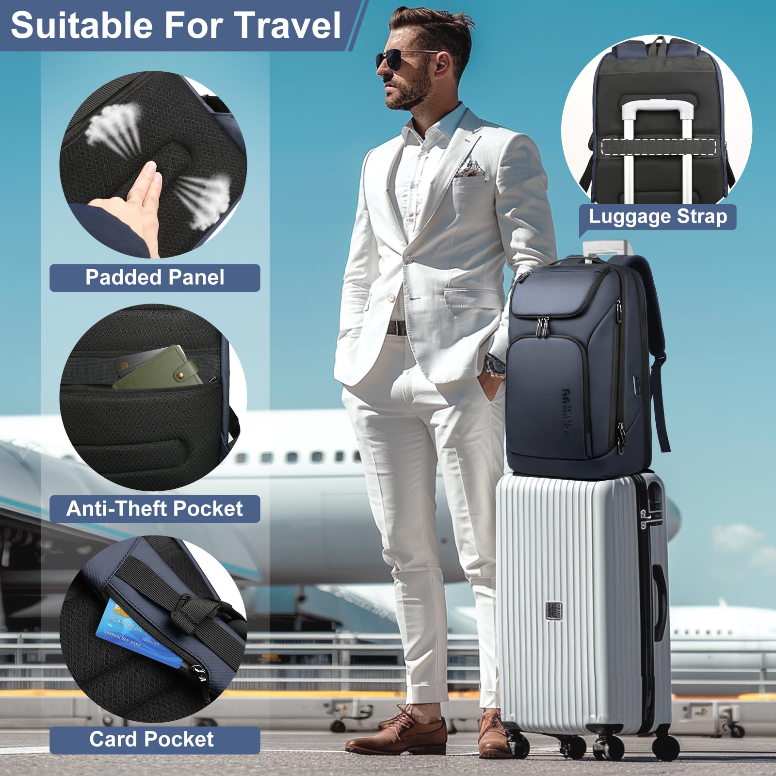 Sac à Dos Affaires Ordinateur Portable de 17,3 pouces avec Double Port USB Étanche Ultraléger Travail Bureau 30L (Bleu)