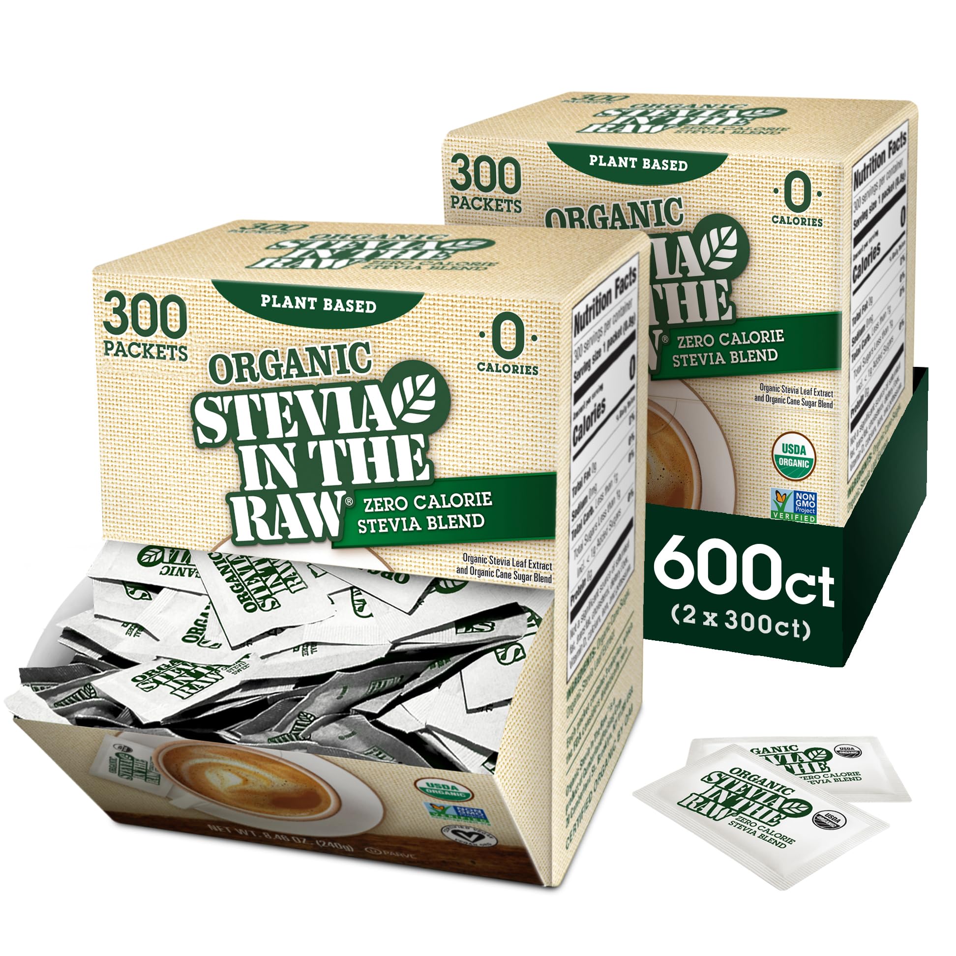 Stevia In The Raw Organic Stevia Sweetener Packets, 300 Ct Box, 2 Pack, Zero Calorie Stevia Sugar Substitute Packets, No Erythritol or Artificial Flavors, USDA Organic, Non-GMO Project Verified, Vegan