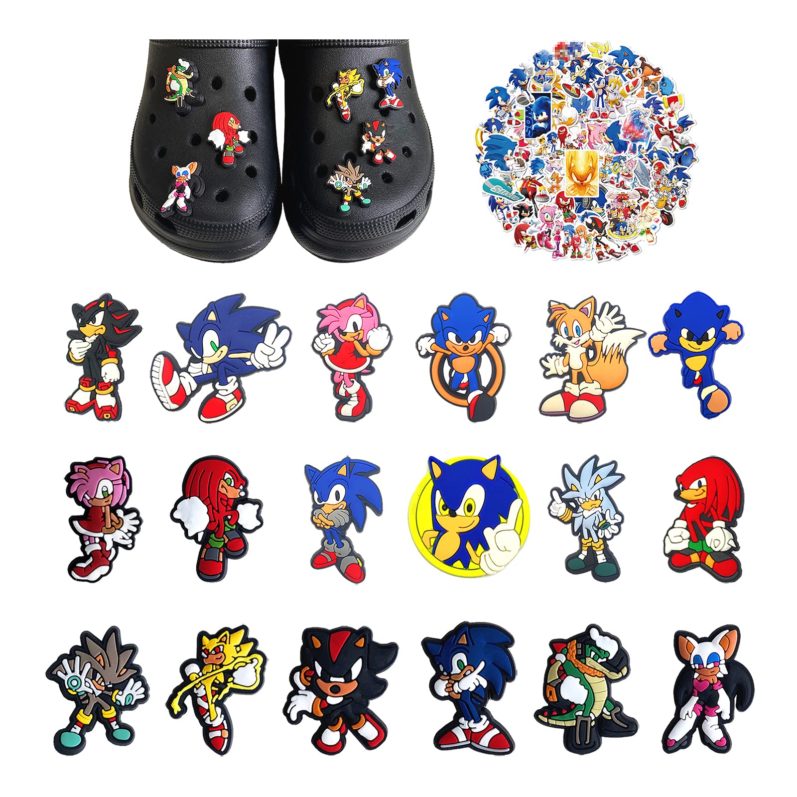 18 Pcs Sonic Shoe Charm for Shoe Decorations PVC Sonic Shoe Charm for Shoe Bracelets Wristband Sonic Party Supplies Gifts with 50 Pcs Sonic Stickers, Polyvinyl Chloride