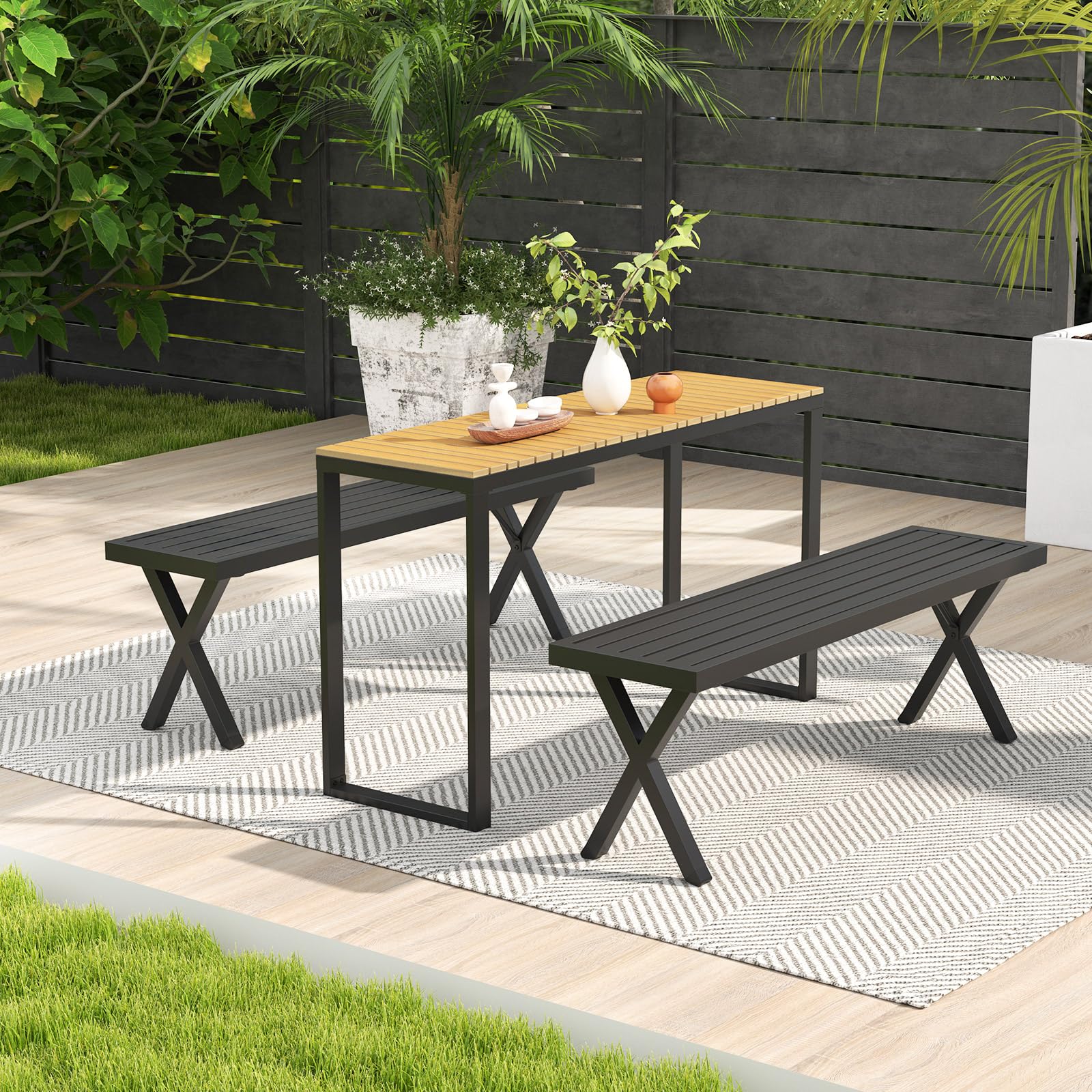 COSTWAY Panca da Esterno in Metallo 138x36x46 cm Panchina con Seduta a Listelli Gambe a X Capacità 360 kg Nero