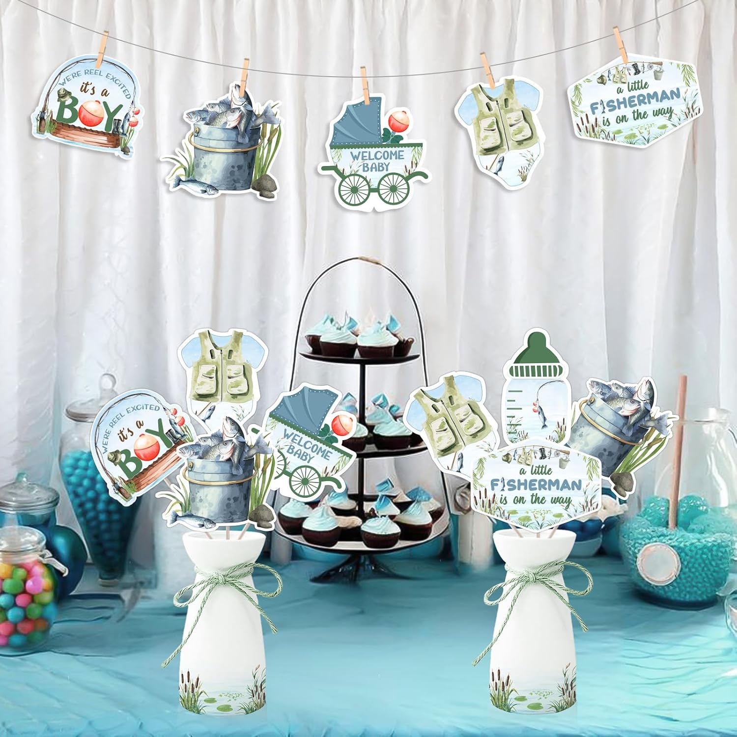 Fishing Baby Shower Decoration Boy, 24pcs A Little Fisherman Is On The Way Table Centerpiece Stick It’s A Boy Table Decoration For Gone Fishing Little Fisherman Baby Shower Decoration