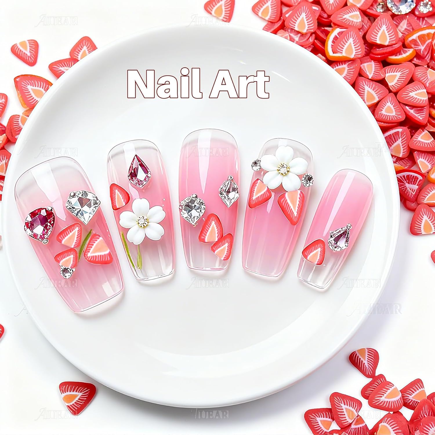 AUEAR, 100g Nail Art Decoration Strawberry Slices Cute 3D Fruit Slime Tiny Stickers Charms Bulk Resin Polymer Clay DIY Tips Mud Particles for Scrapbook Phone Case Supplies Miniature Fairy Garden Home