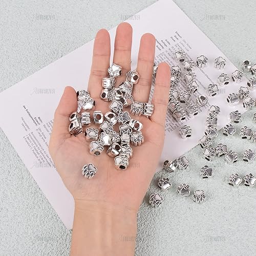 Miniatura 7 de AUEAR, Paquete de 100 dijes vintage de plata con diseño de pata de gato con agujero grande, cuentas espaciadoras sueltas para hacer joyas