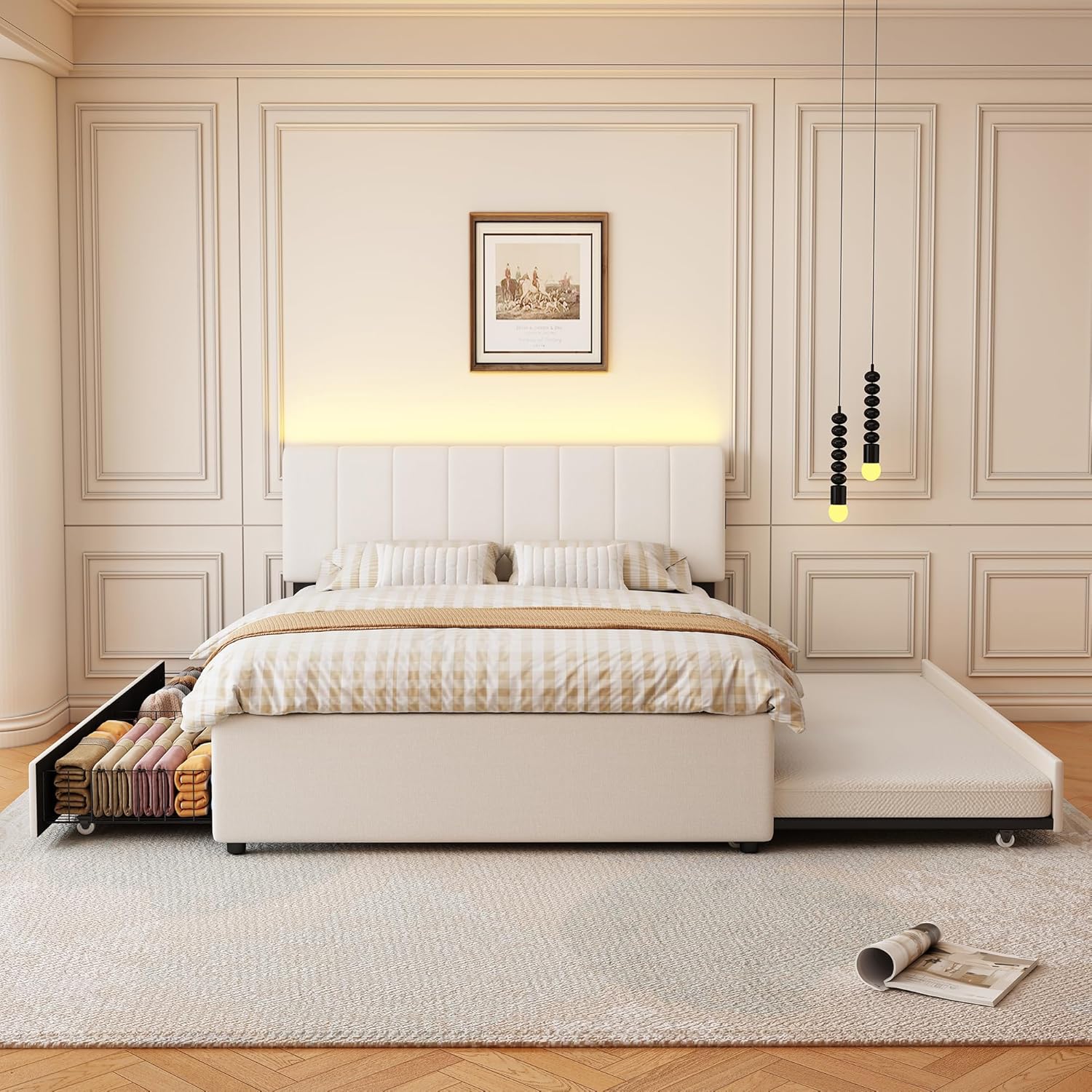Full Size Upholstered Platform Bed with Trundle,2 Storage Drawers & USB/Type-C Charging,Chenille Fabric Bed Frame with APP-Controlled LED Lights,No Box Spring Needed,800LBS Capacity for Bedroom,Beige