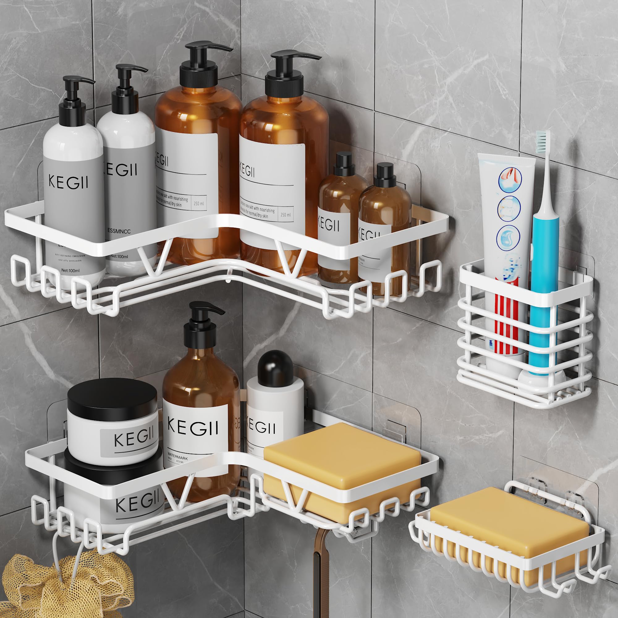Kegii White Corner Shower Caddy Set - 2-Tier Self-Adhesive Shower Organiser with Soap Holder & Toothbrush Holder, Space-Saving Bathroom Storage(Stainless Steel, No Drilling)