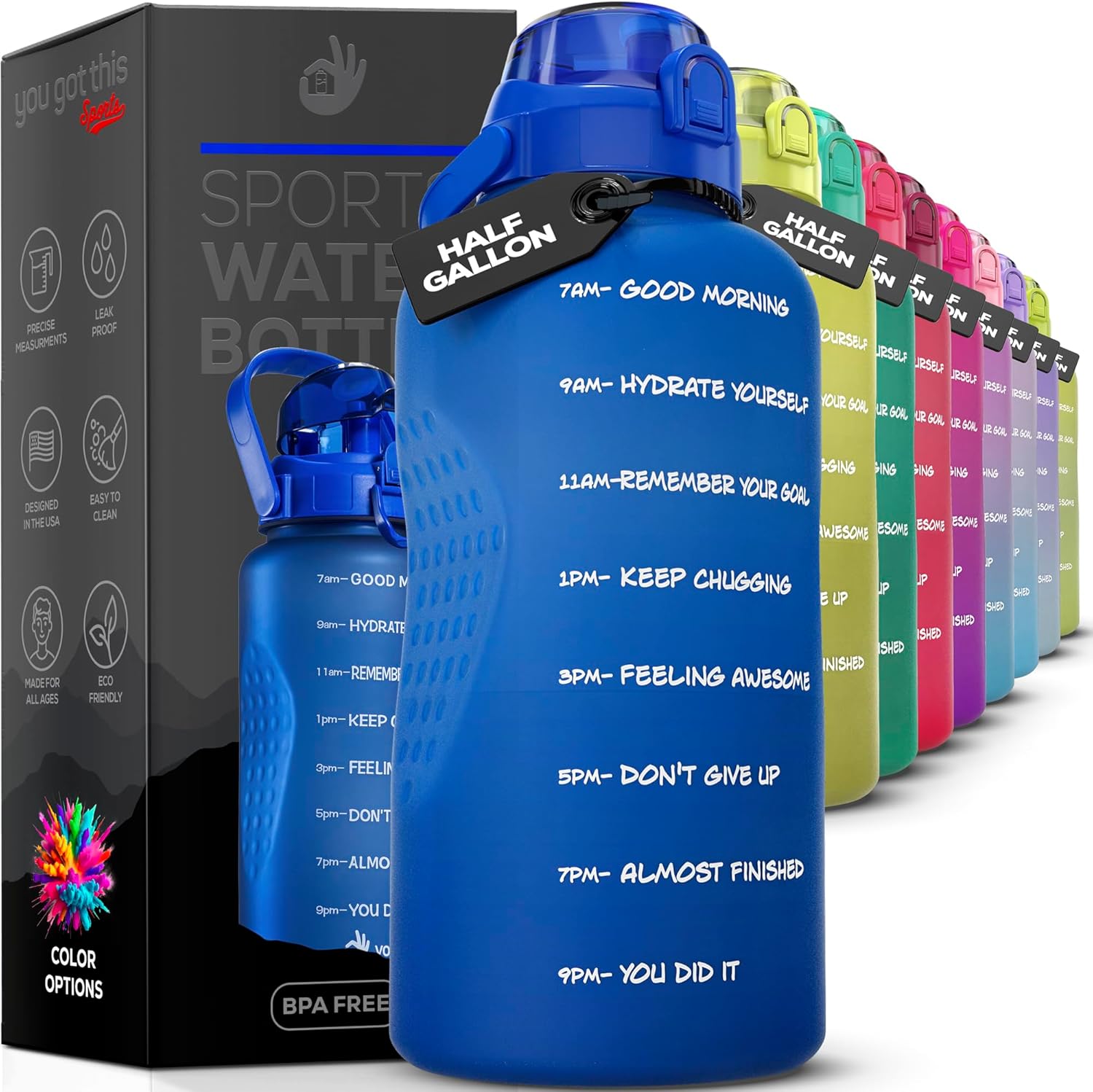 Motivational Water Bottle with Time Marker,Half Gallon Water bottle with Straw 64 oz/2.2L Gym Water Bottle, Achieve All-Day Hydration SpillProof, BPA FREE