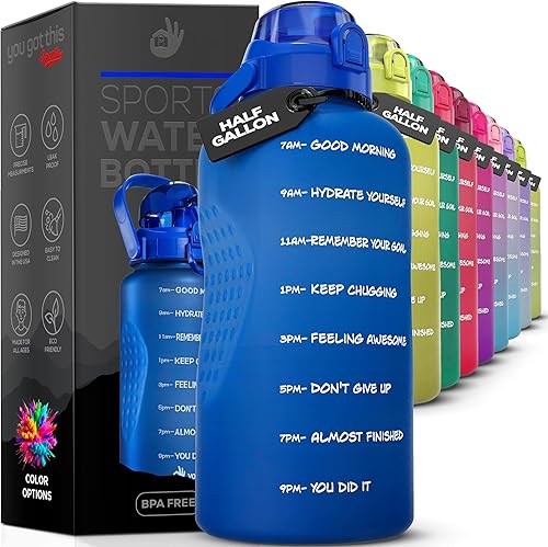 Botella de agua motivacional con marcador de tiempo, botella de agua de medio galón con pajita de 64 oz2.2 L, botella de agua para gimnasio, logra