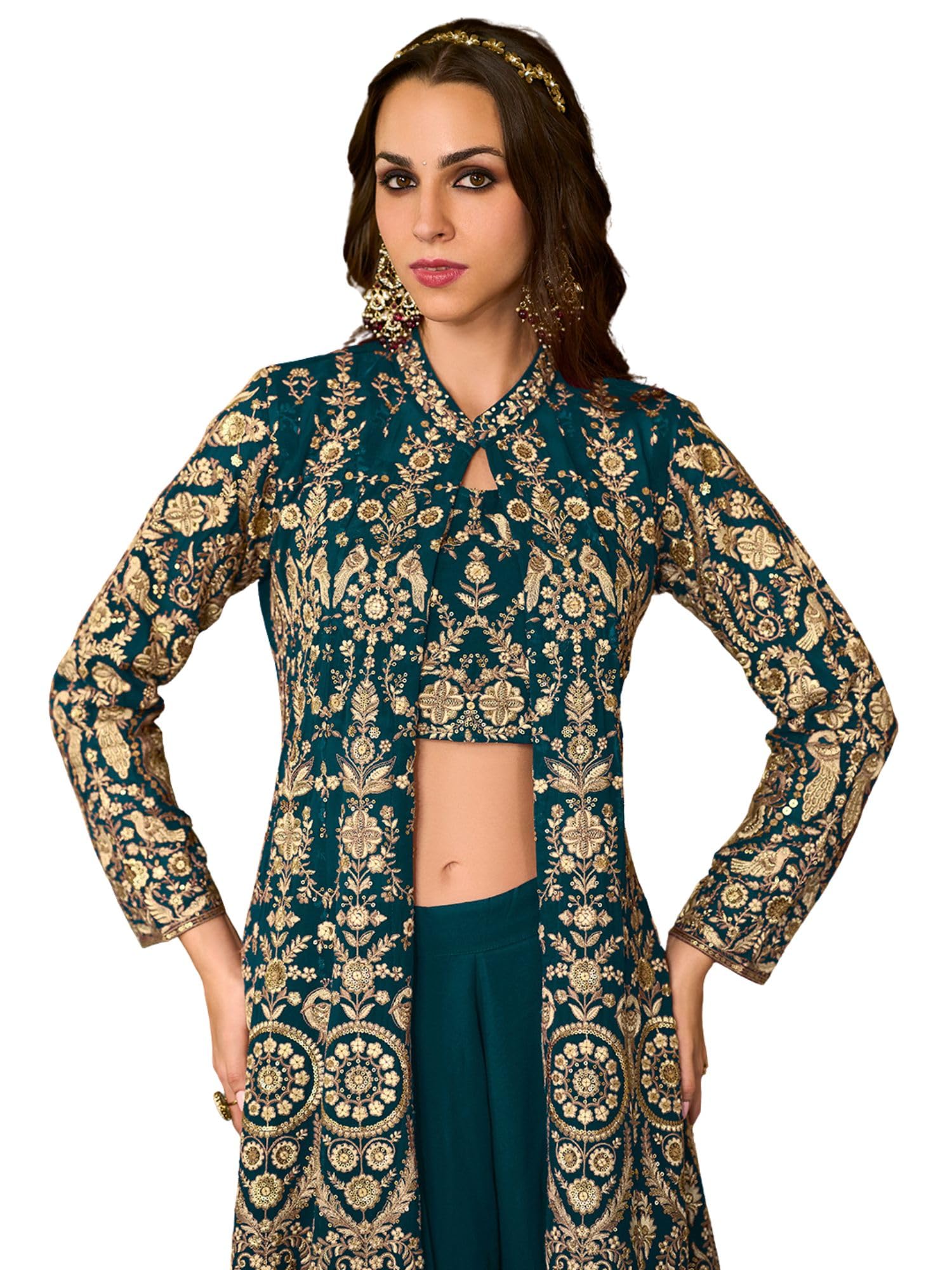 vaamsi Women's Teal Poly Georgette Embroidered Festive Top, Palazzo & Shrug Set-picture-32