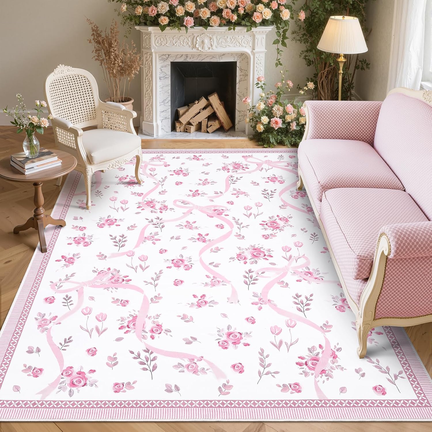 GarveeHome Pink and White Bow Rugs for Bedroom Girls, Washable Rug 5x7 for Living Room with Soft Low Pile, Floral 5x7 Pink Area Rugs for Dining Room Nursery Playroom Dorm Office Bow Decor