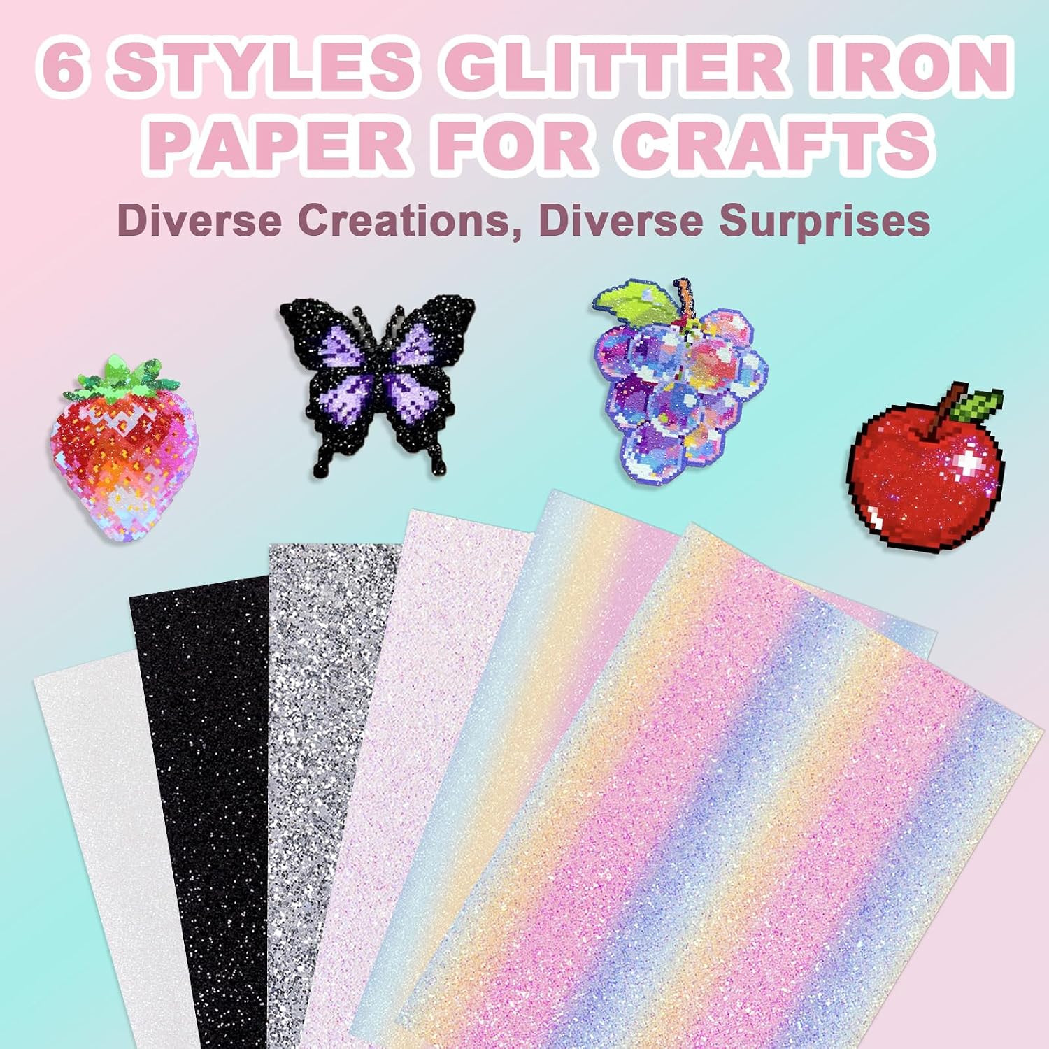 6 Pcs Fuse Beads Glitter Fabric Ironing Paper, 11.81x7.87 Chunky Sparkle Iron Paper with PU Leather, Fits 2.6mm & 5mm Beads, DIY Craft Accessories