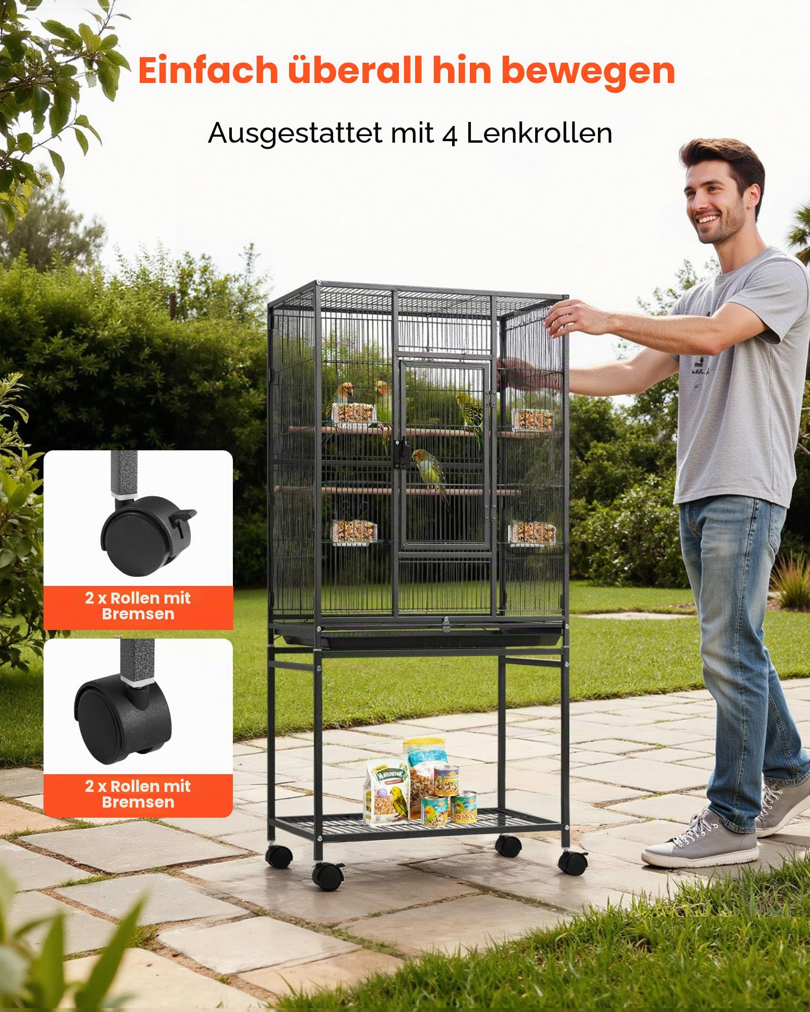 VEVOR Vogelkäfig, 625x425x1370 mm, Vogelvoliere aus Schmiedeeisen mit Sitzstangen, Schale & Kunststoff-Futternäpfen, Rollen, Vogelhaus für Papageien, Blaumeisen, Nymphensittiche & Kanarienvögel