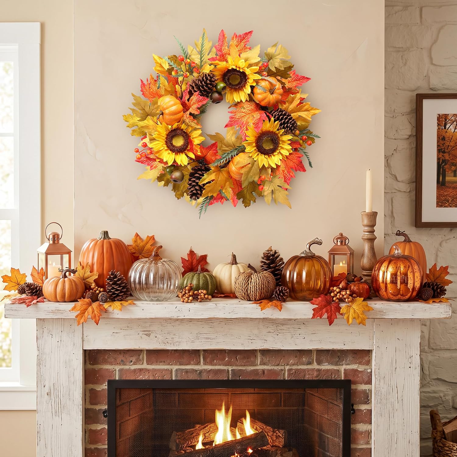 MUMTOP 22" Fall Wreath for Front Door, Sunflower and Pumpkin Wreath Decor