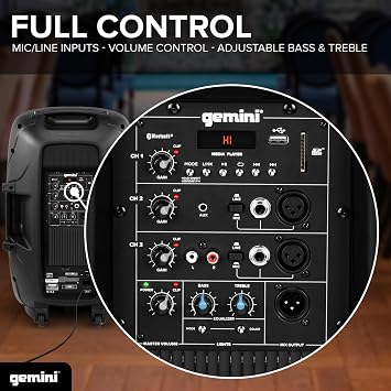 Gemini Sound AS-2115BT-LT Active 2000W Watt Party LED Light 15 Inch Woofer Powered Stage DJ Monitor Bluetooth PA Speaker, Wireless Stereo Pairing, Portable Fly Points
