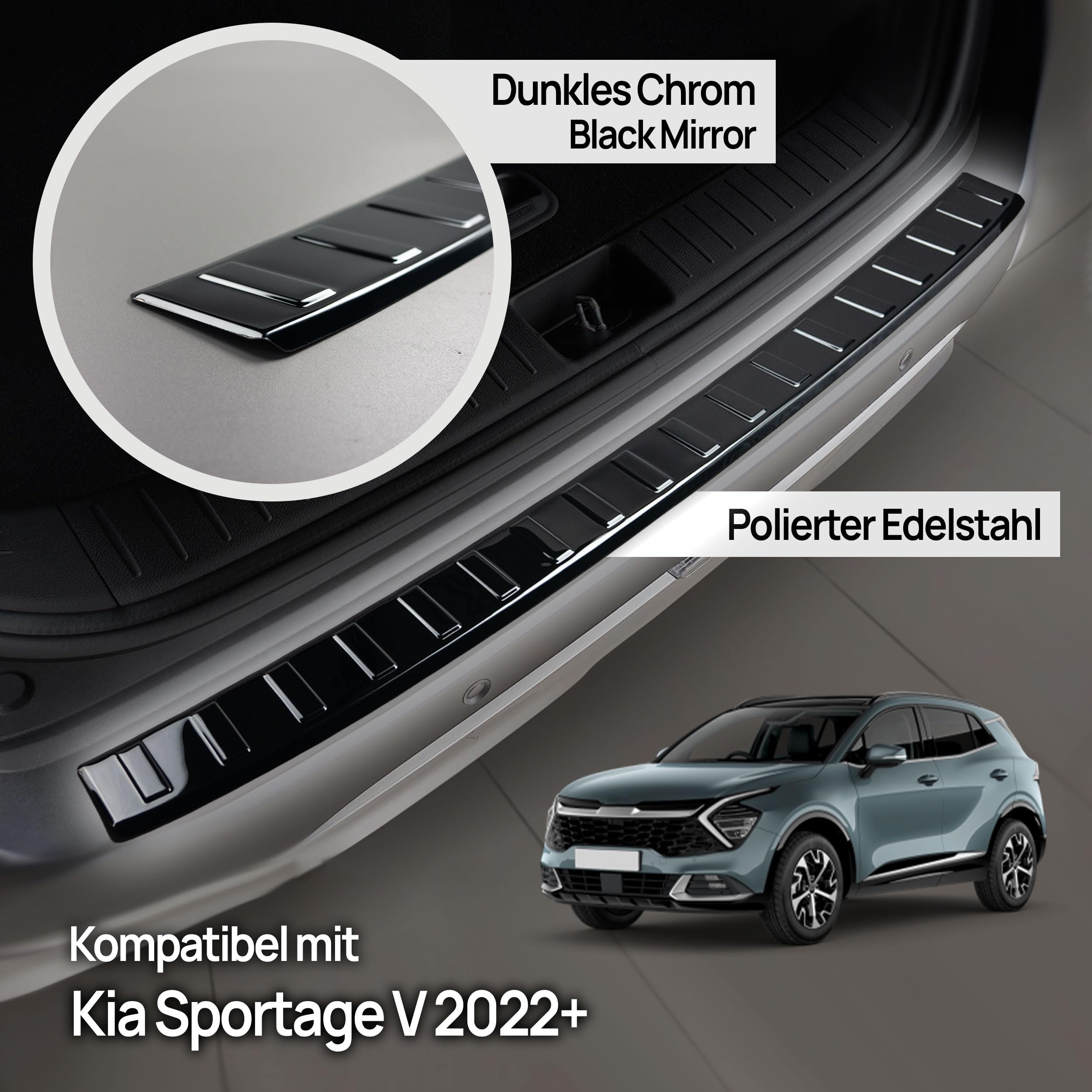 CHROMEMASTER | Ladekantenschutz Stoßstangenschutz | Kompatibel mit Kia Sportage V ab Bj. 2022 | Edelstahl/Dunkles Chrom | Lackschutzleiste Sichert den Heckstoßfänger vor Kratzern