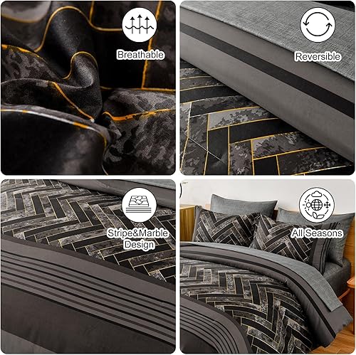 Miniatura 4 de Luxudecor Juego de edredón gris tamaño King, 7 piezas de ropa de cama a rayas grises en una bolsa, edredón geométrico y juego de sábanas, juegos de