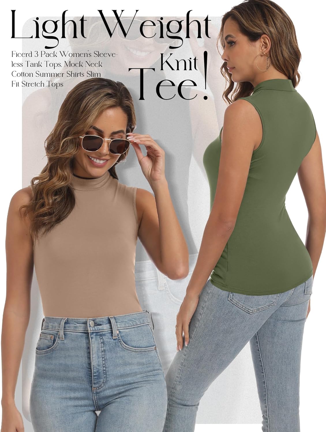 Ficerd 3 Pack Women's Sleeveless Tank Tops, Mock Neck Summer Shirts Slim Stretch Basic Tops Lightweight Knit Tee - Image 3