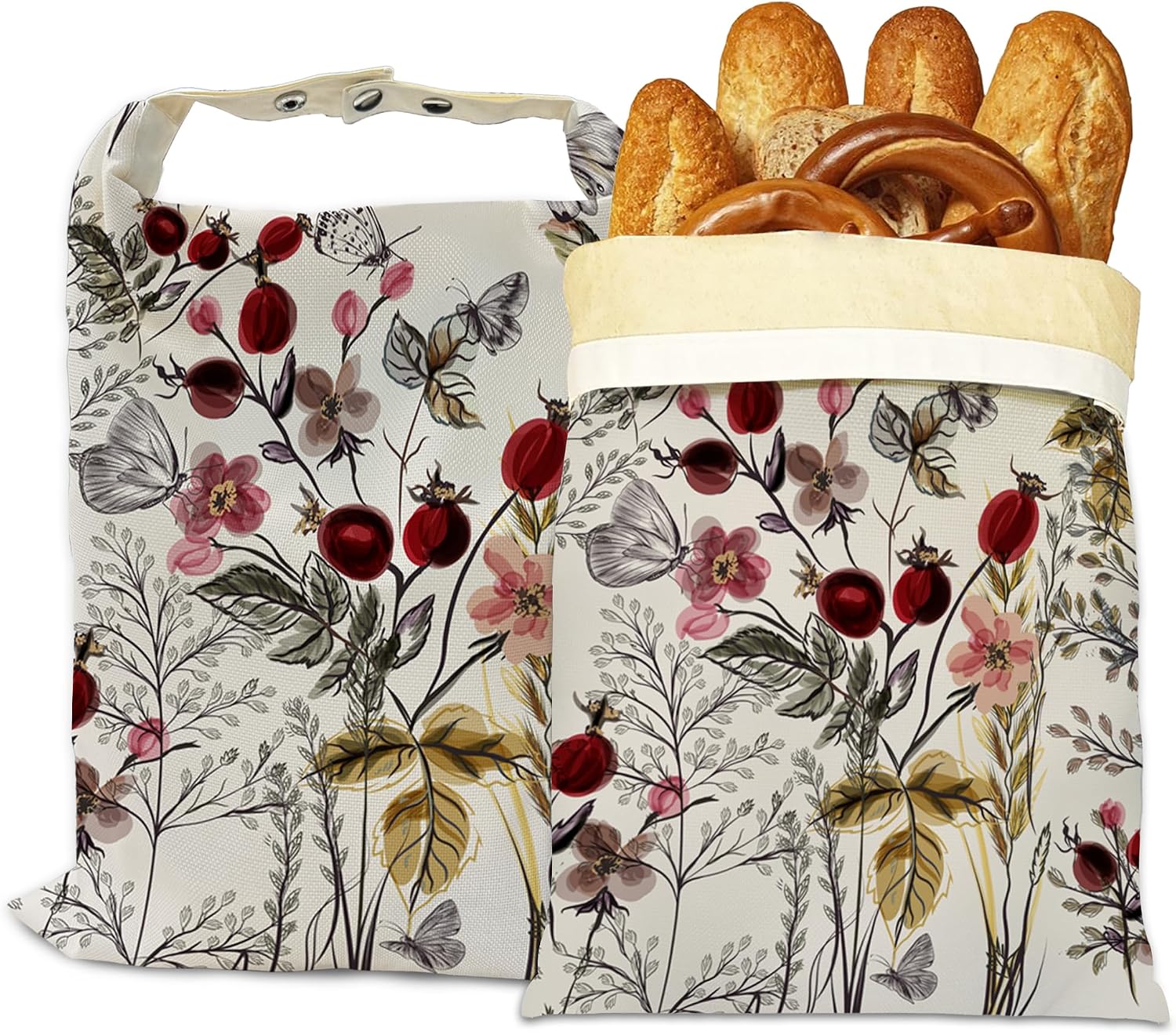 Bread Bags for Homemade Bread- Vintage Flower Butterfly 2 Pack Linen and Beeswax Sourdough Storage Bags, Reusable Keeper, Keeps Breads Fresh Longer, Gifts for Bakers