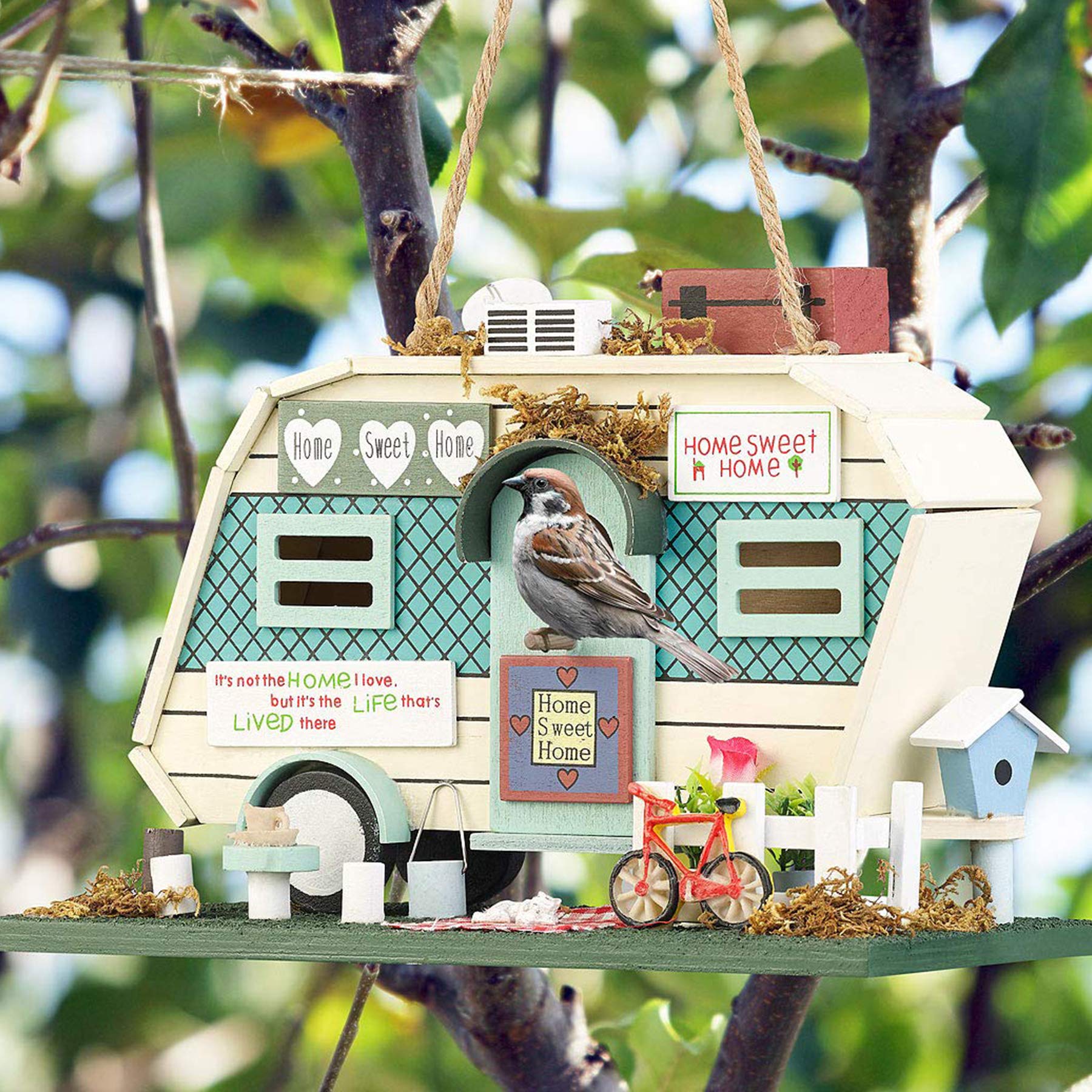Monsterzeug Caja nido para pájaros, casa para pájaros como casa de pájaros como casa rodante fresca, villa para pájaros como decoración de jardín, comedero para pájaros