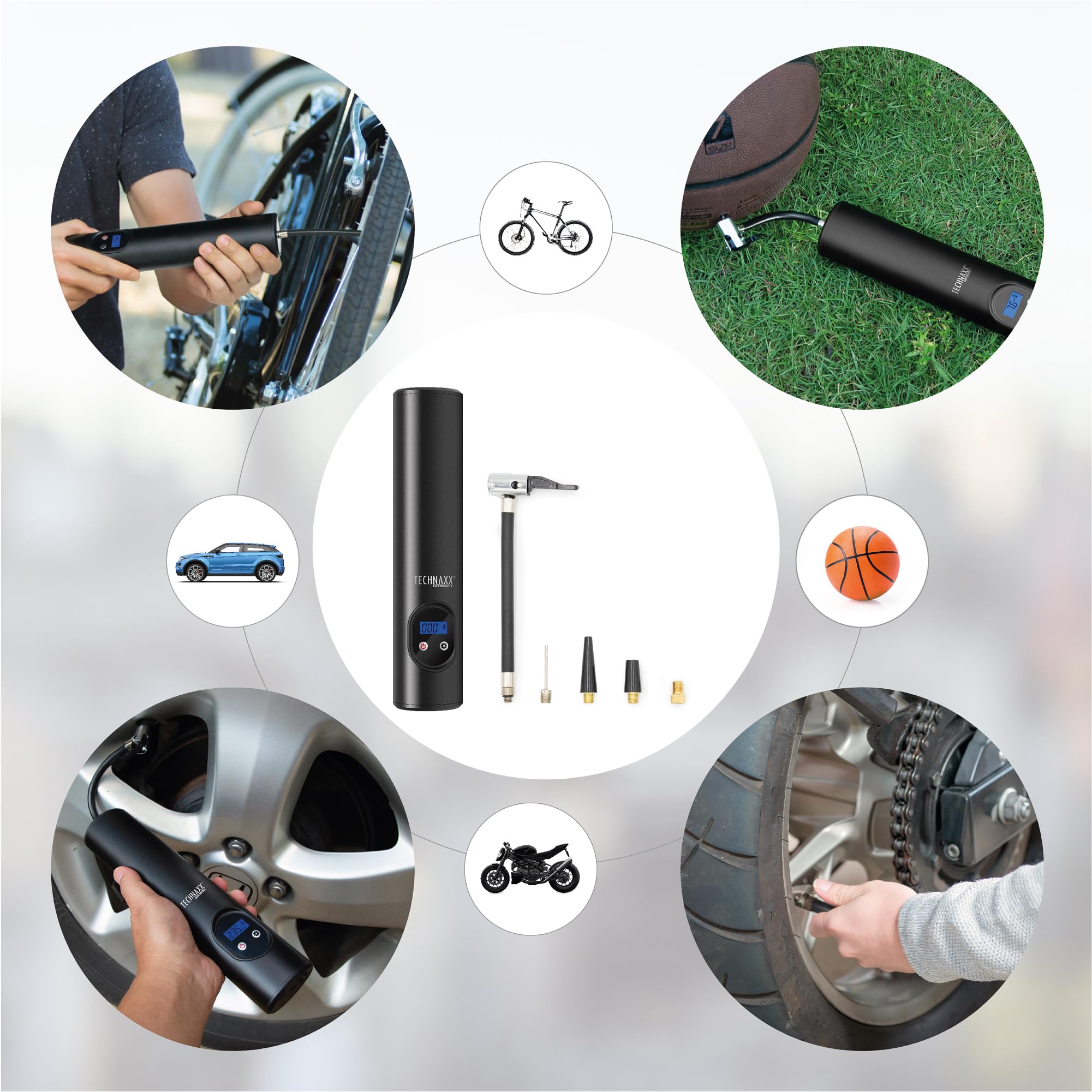 Technaxx Akku Luftpumpe Kompressor 6000mAh – Tragbarer Luftkompressor mit Digitalanzeige, 8 Bar, Auto Stop, 12V DC, Reifenpumpe für Auto, Fahrrad, Motorrad & Bälle, LED Licht TX-157