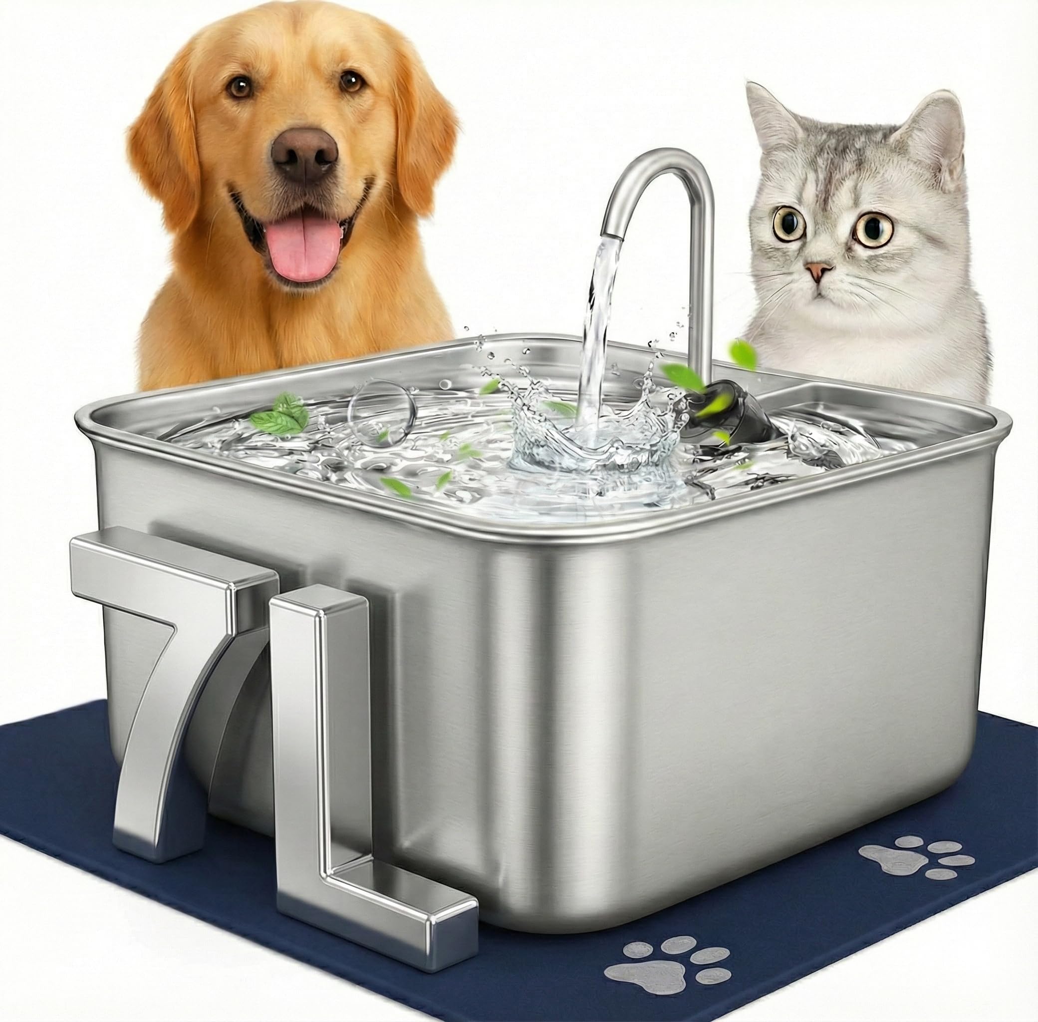 Fuente de agua para mascotas de acero inoxidable de 7 litros, dispensador de agua automático ultrasilencioso para gatos y perros con doble filtro, alfombrilla antideslizante impermeable y gran