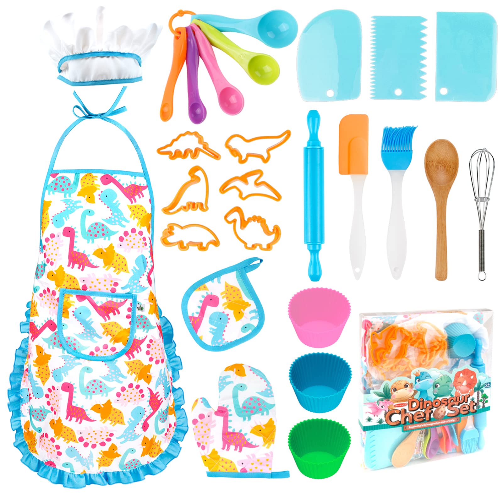 KAEGREEL Kids Baking Chef Set with Dinosaur Apron, 26pcs Kitchen Toys Kid Cooking Set with Chef Hat Spoons Whisk, Chef Dress Up Role Play Gifts for Boys Girls 3 4 5 6 7 Years Old, Blue