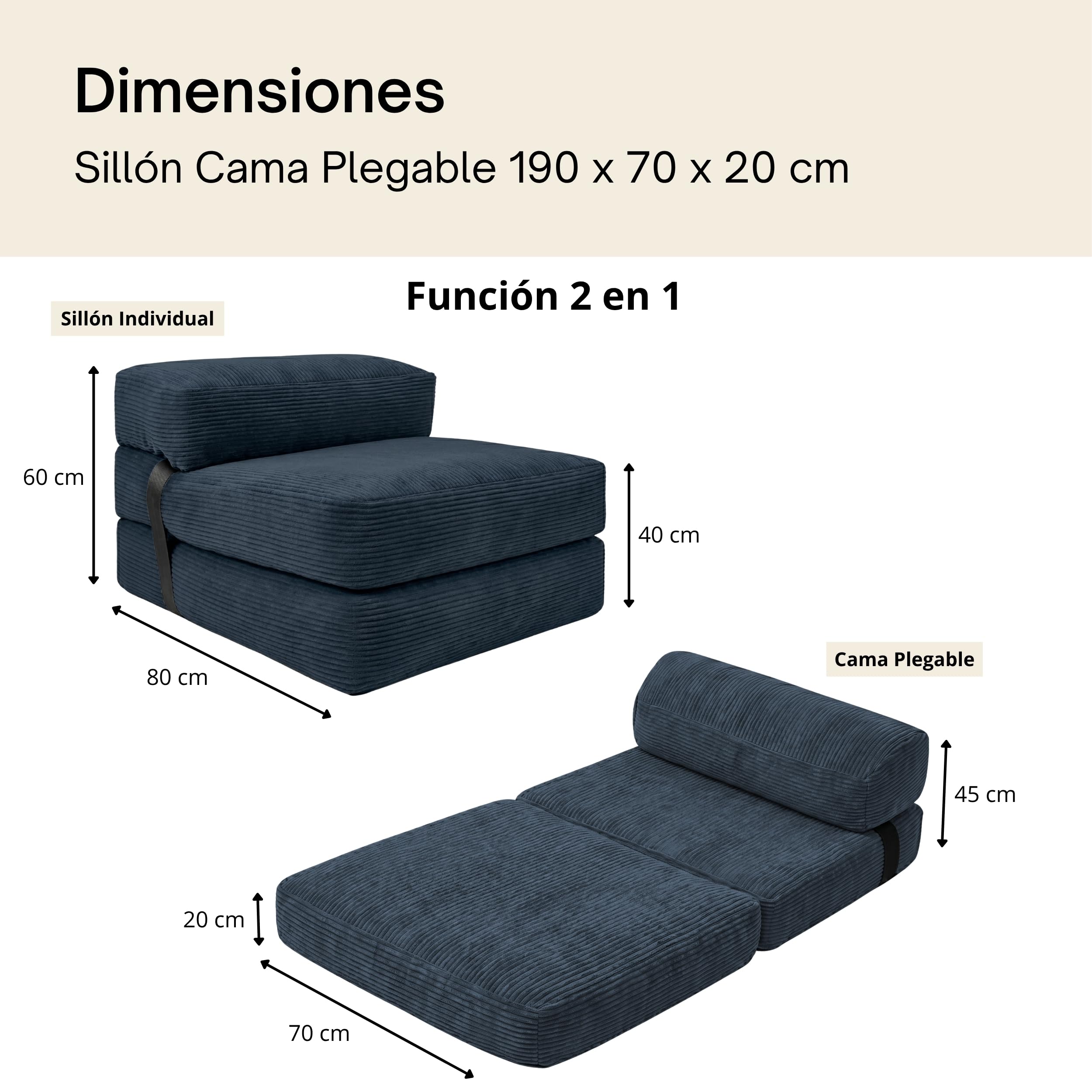 bananair - Sofá Cama 1 Plaza Convertible - Cama Individual Desfundable en Terciopelo Acanalado - Sillon Una Plaza, Futón Japonés Práctico y Confortable, Acolchado en Espuma (70 x 190 cm, Azul)