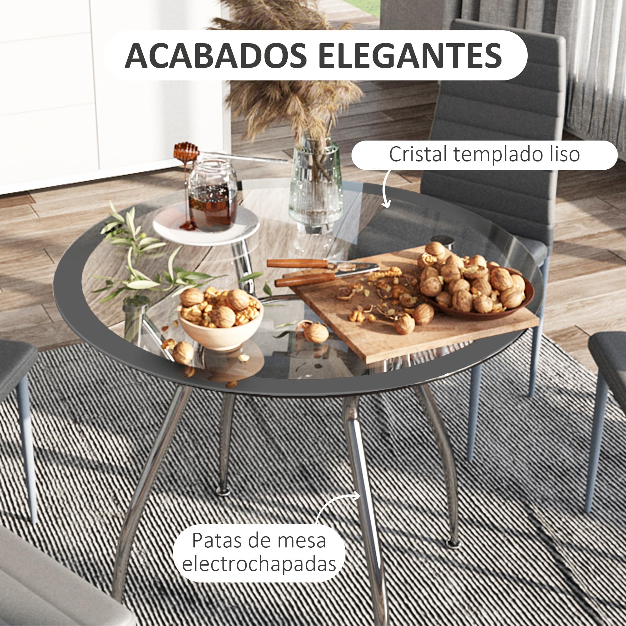HOMCOM Conjunto de Mesa y Sillas de Comedor Juego de Mesa de Cocina con 4 Sillas con Tablero Vidrio Templado y Patas de Acero Carga 120 kg Gris