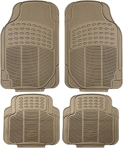 FH Group Automotive Floor Mats Tan Beige Universal Fit Heavy Duty Rubber for All Weather Protection fits Most Cars, SUVs, and Trucks, 4 Piece (Full Set Trimmable) F11305BEIGE