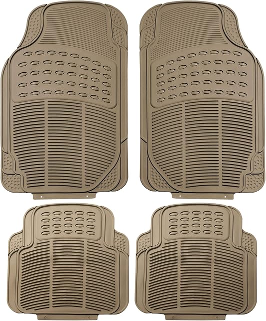 FH Group Automotive Floor Mats Tan Beige Universal Fit Heavy Duty Rubber for All Weather Protection fits Most Cars, SUVs, and Trucks, 4 Piece (Full Set Trimmable) F11305BEIGE